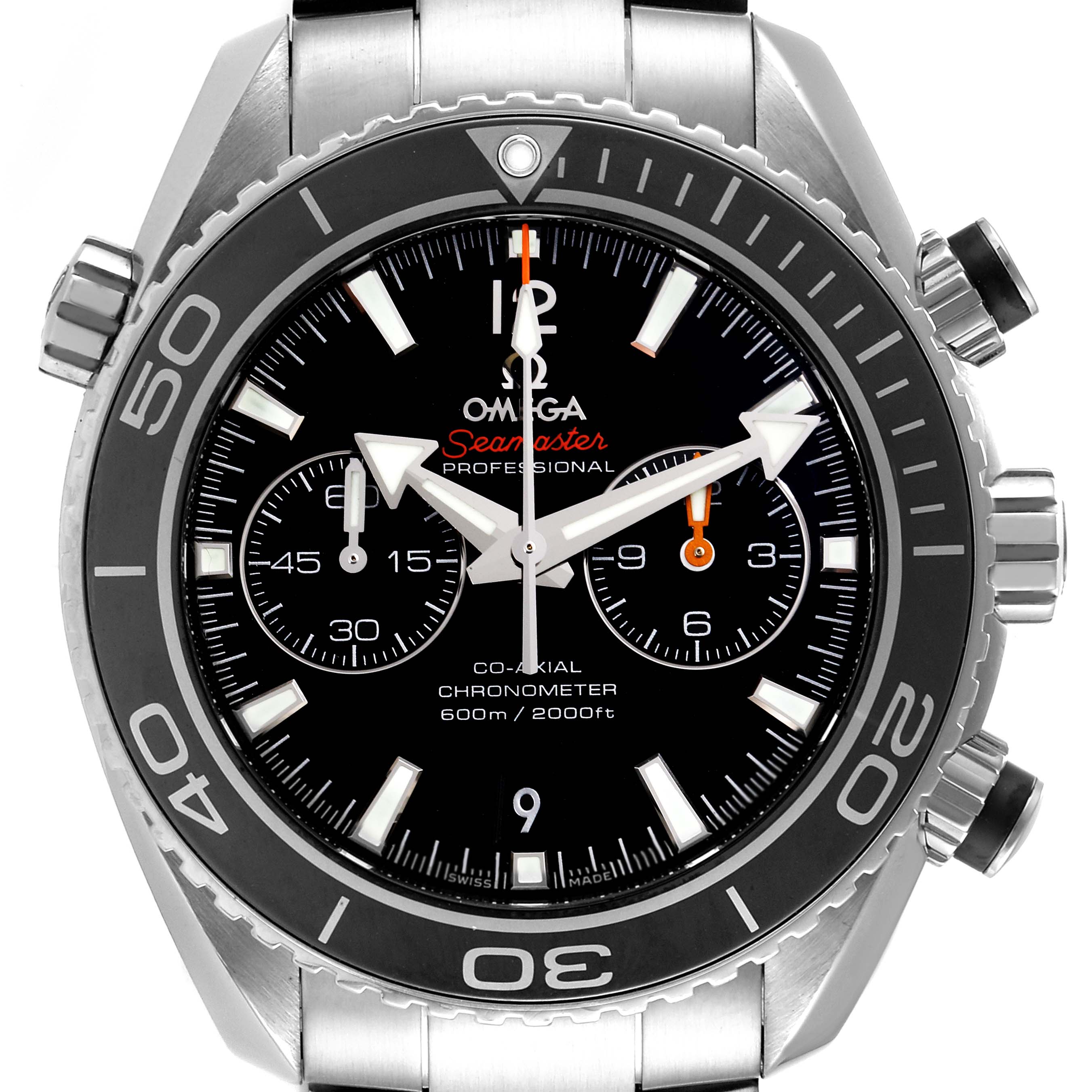 The image shows a front close-up view of the Omega Planet Ocean 232.30.46.51.01.001 Men
s Stainless Steel Black Dial 232.30.46.51.01.001 Men
s Stainless Steel Black Dial watch, highlighting the dial, bezel, and chronograph subdials.