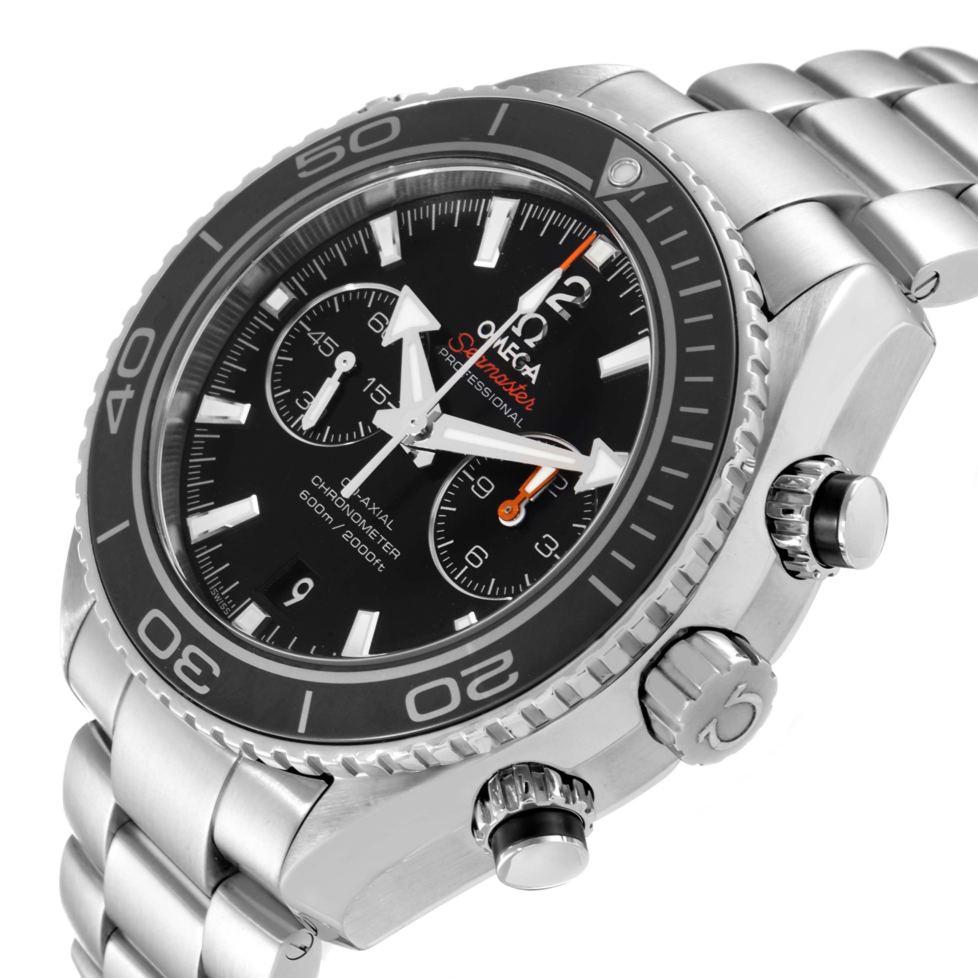 The image shows a left front angle of the Omega Planet Ocean 232.30.46.51.01.001 Men
s Stainless Steel Black Dial 232.30.46.51.01.001 Men
s Stainless Steel Black Dial watch, displaying the bezel, crown, and part of the bracelet.