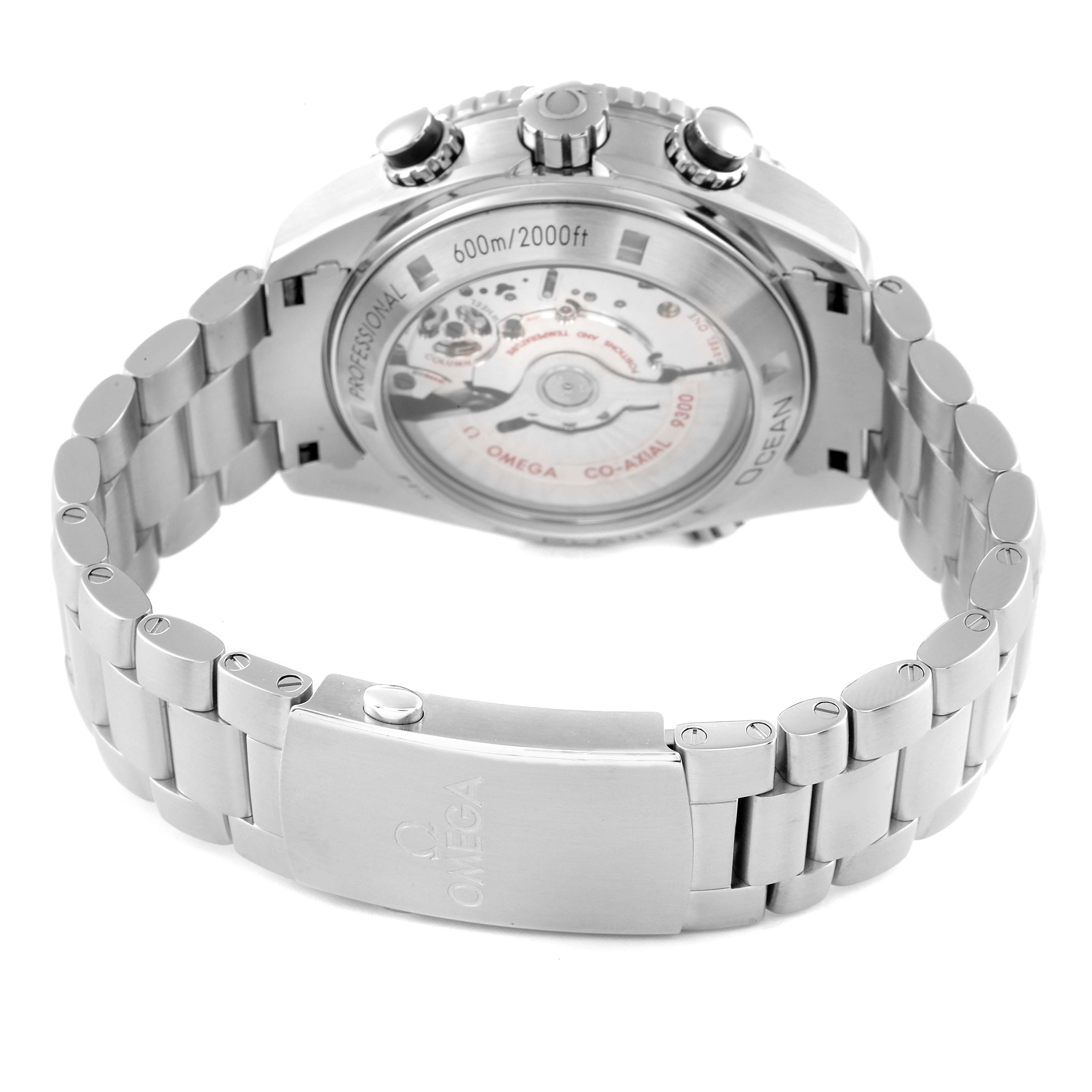 This image shows the back and part of the bracelet of the Omega Planet Ocean 232.30.46.51.01.001 Men
s Stainless Steel Black Dial 232.30.46.51.01.001 Men
s Stainless Steel Black Dial watch, highlighting the case back and clasp.