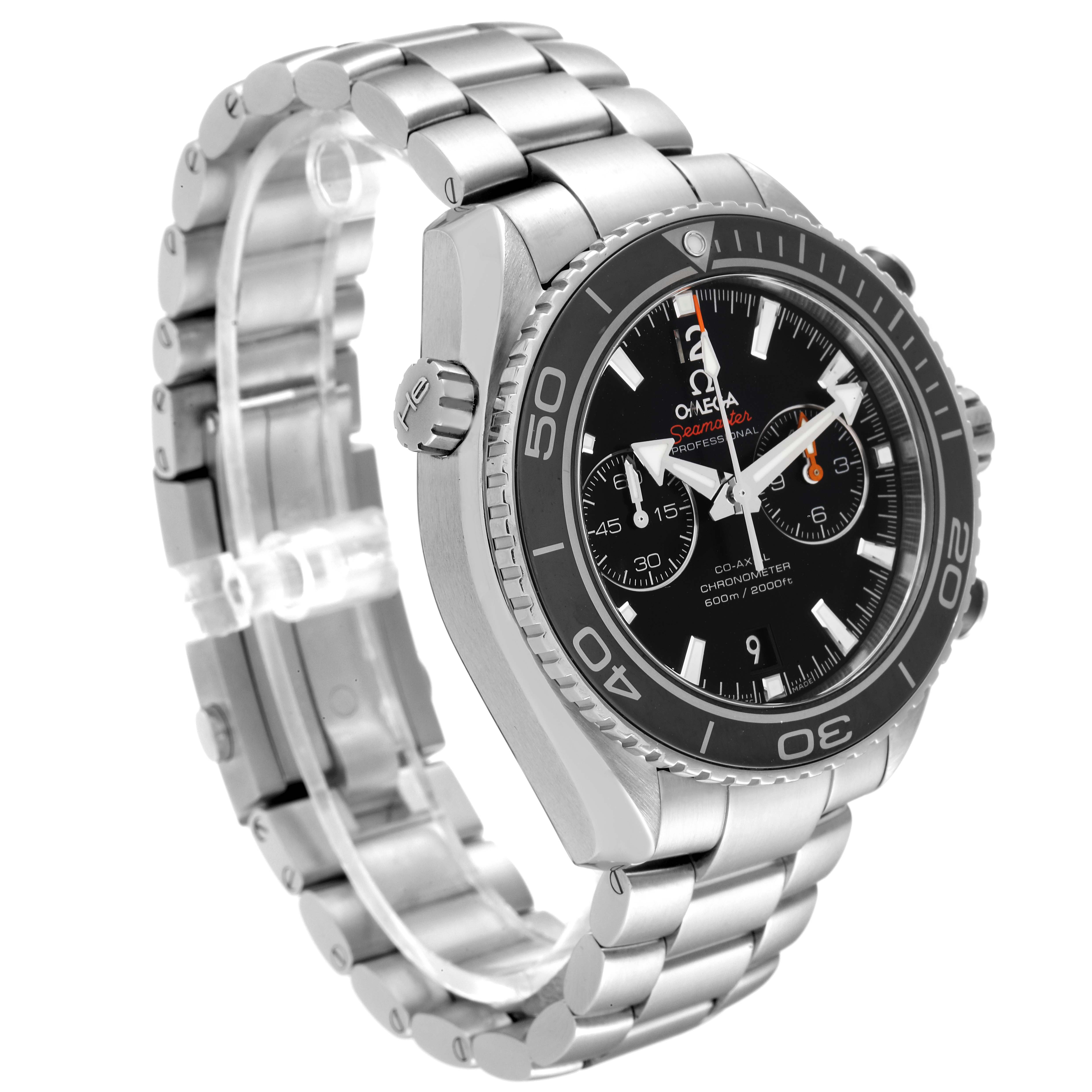 The image shows an angled side view of the Omega Planet Ocean 232.30.46.51.01.001 Men
s Stainless Steel Black Dial 232.30.46.51.01.001 Men
s Stainless Steel Black Dial watch, highlighting the case, bezel, crown, and bracelet.