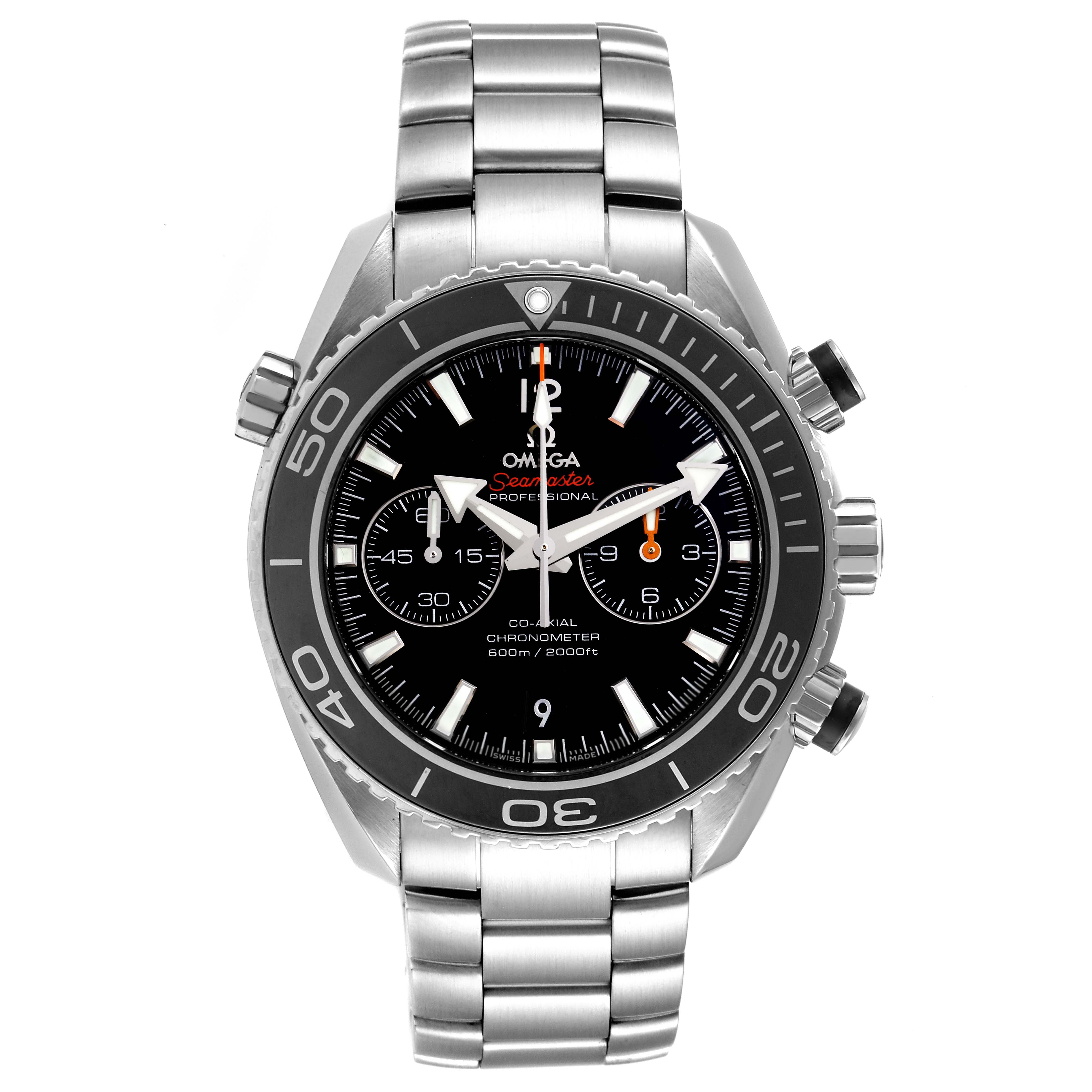 This image shows a frontal view of an Omega Planet Ocean 232.30.46.51.01.001 Men
s Stainless Steel Black Dial 232.30.46.51.01.001 Men
s Stainless Steel Black Dial watch, highlighting its dial, bezel, band, and chronograph functions.