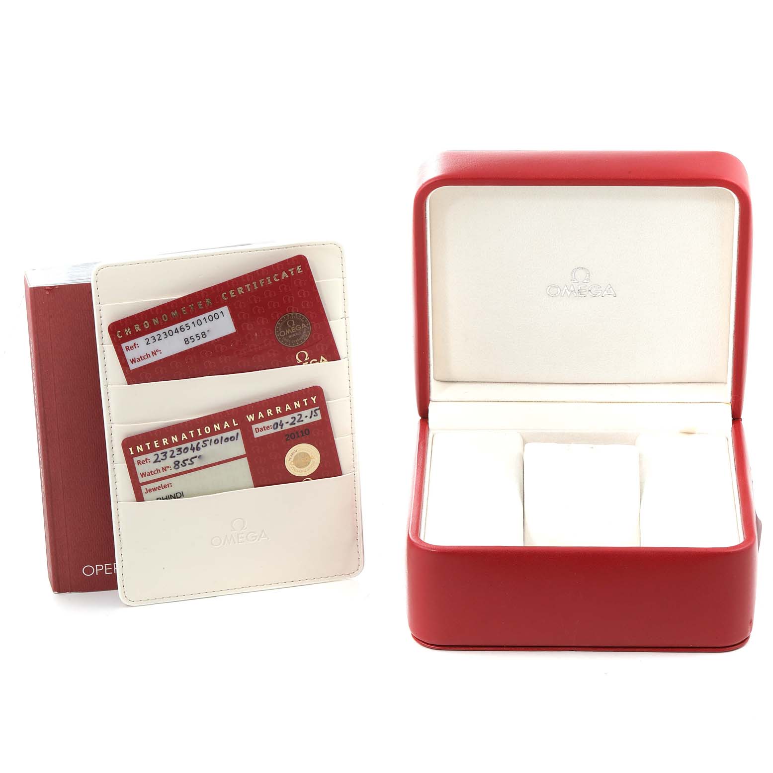 The image shows an Omega Planet Ocean 232.30.46.51.01.001 Men
s Stainless Steel Black Dial 232.30.46.51.01.001 Men
s Stainless Steel Black Dial model watch box, warranty cards, and certificate case from a front angle.