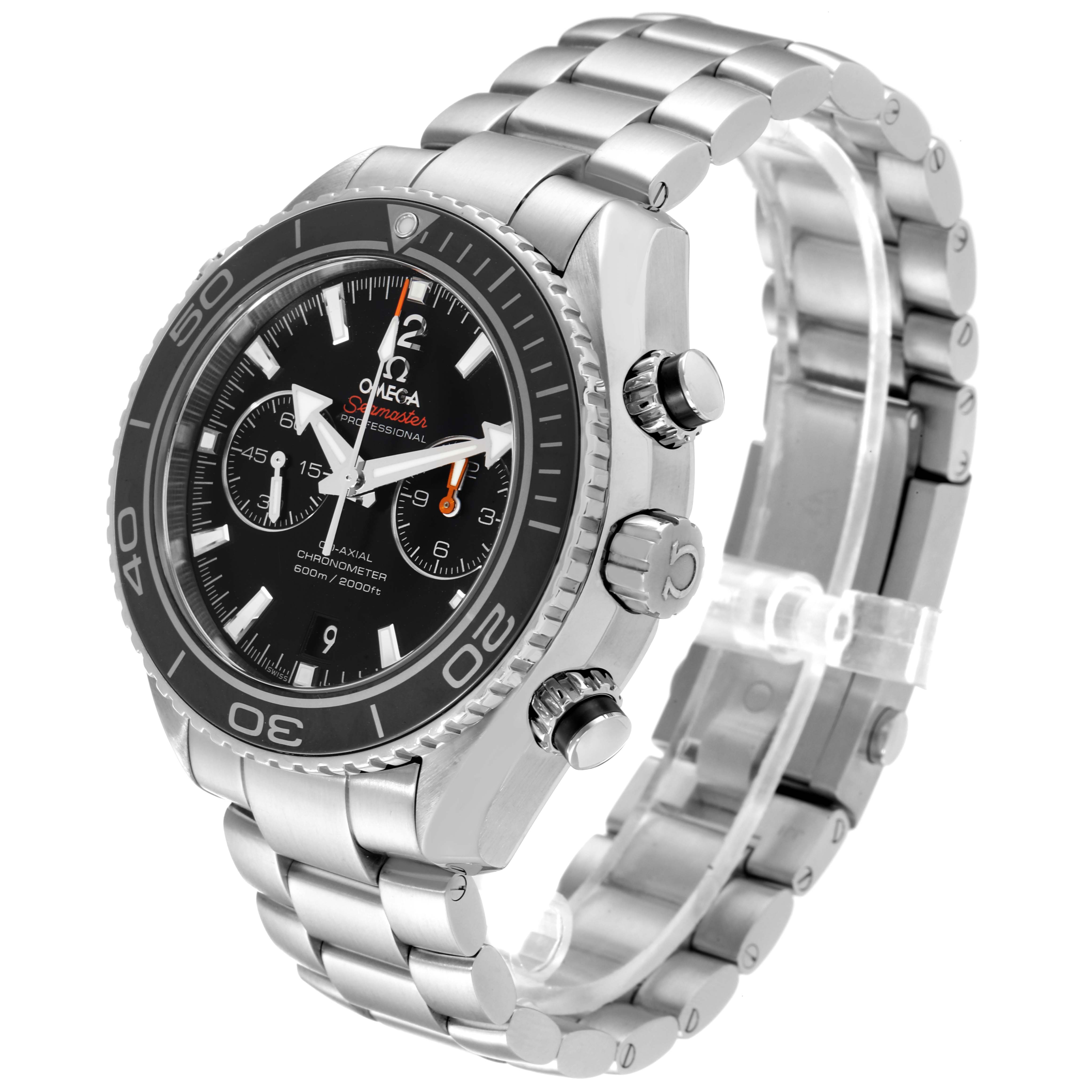 The image shows a close-up view of the Omega Planet Ocean 232.30.46.51.01.001 Men
s Stainless Steel Black Dial 232.30.46.51.01.001 Men
s Stainless Steel Black Dial watch, displaying its dial, bezel, and metal bracelet.