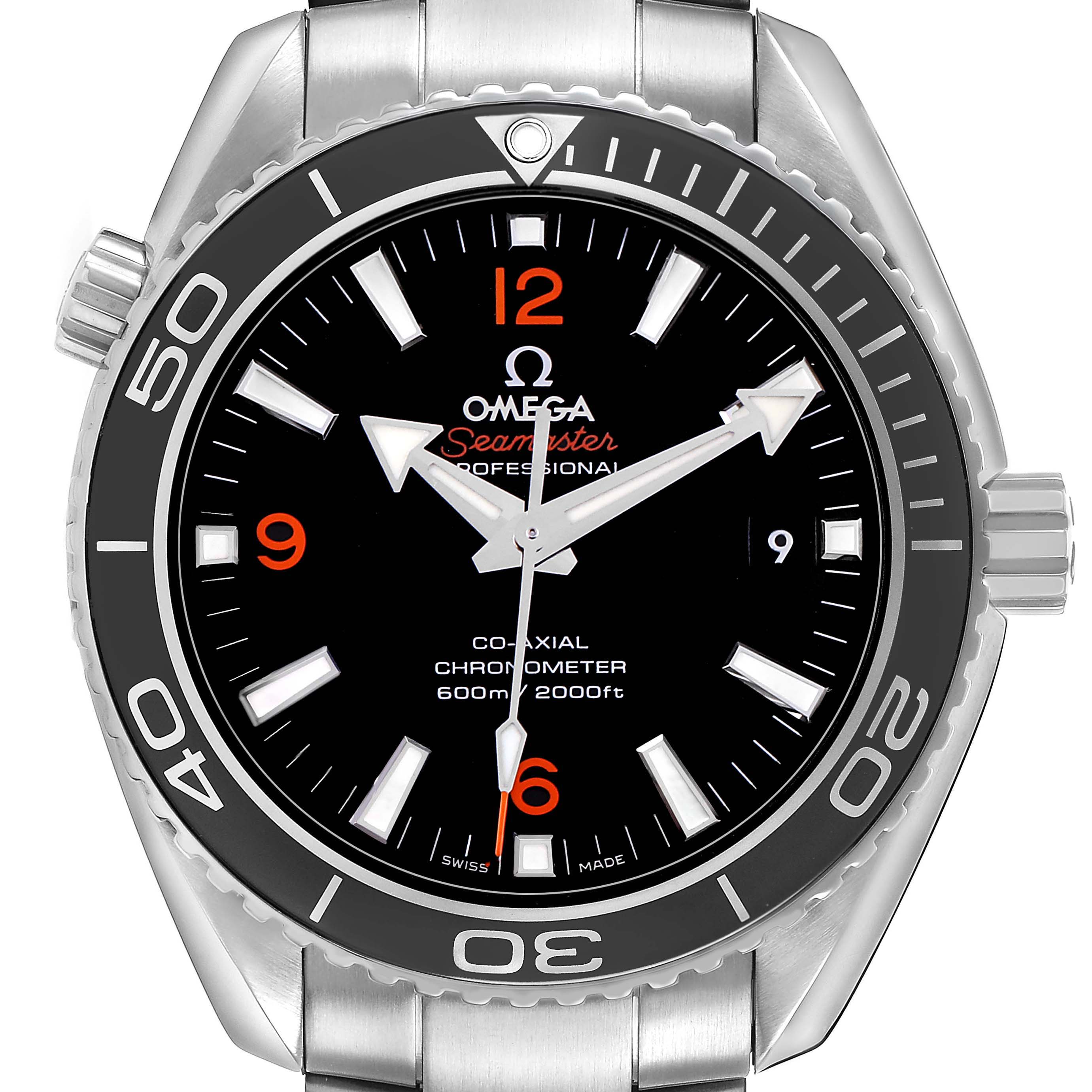 The Omega Seamaster 232.30.42.21.01.003 Men's Stainless Steel Black Dial watch is shown from a top-down angle, highlighting the dial, hands, bezel, and crown.