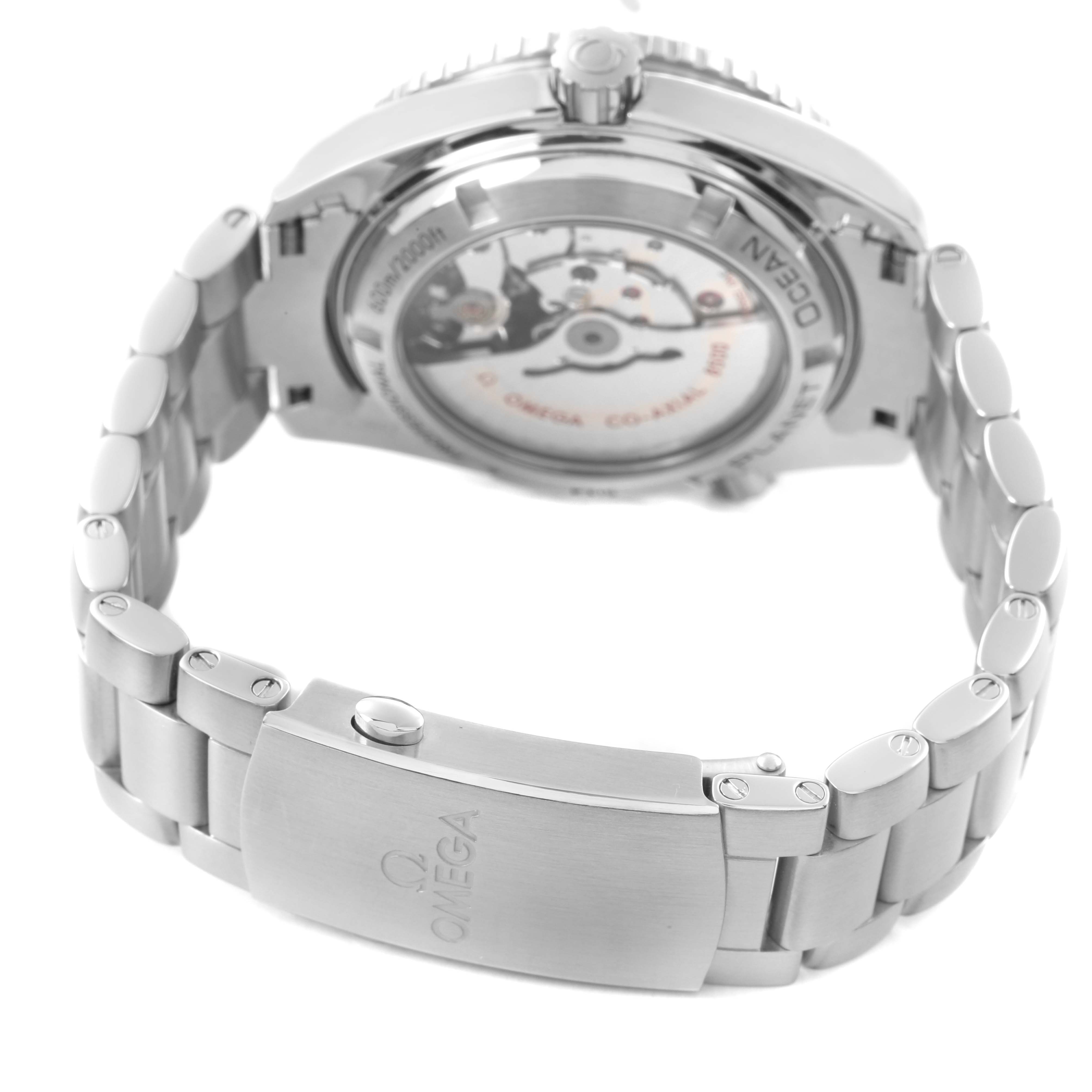 The image shows the reverse angle of an Omega Seamaster 232.30.42.21.01.003 Men's Stainless Steel Black Dial, highlighting the movement through the case back and the bracelet clasp.