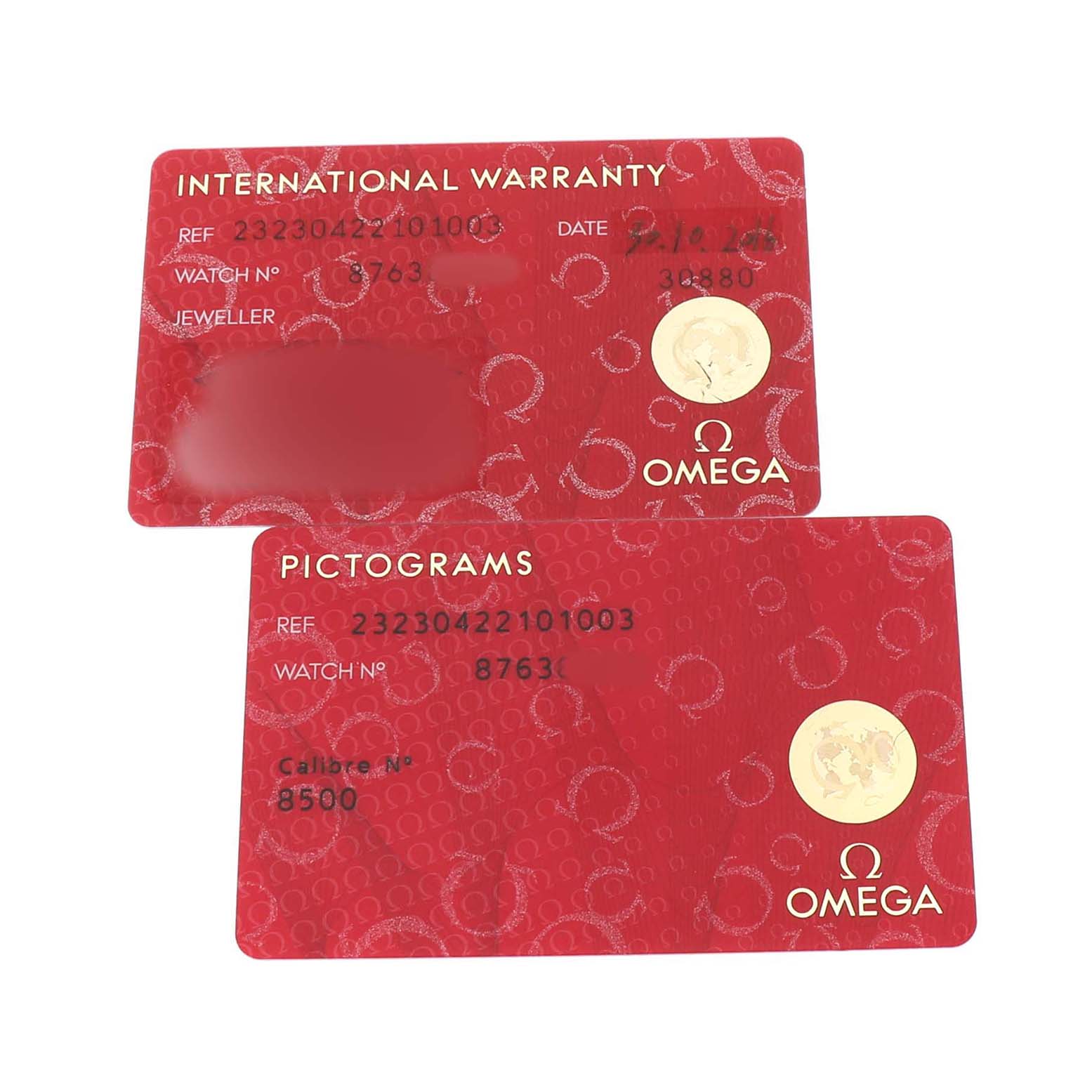 The image shows Omega Seamaster 232.30.42.21.01.003 Men's Stainless Steel Black Dial warranty and pictogram cards at an angled view.