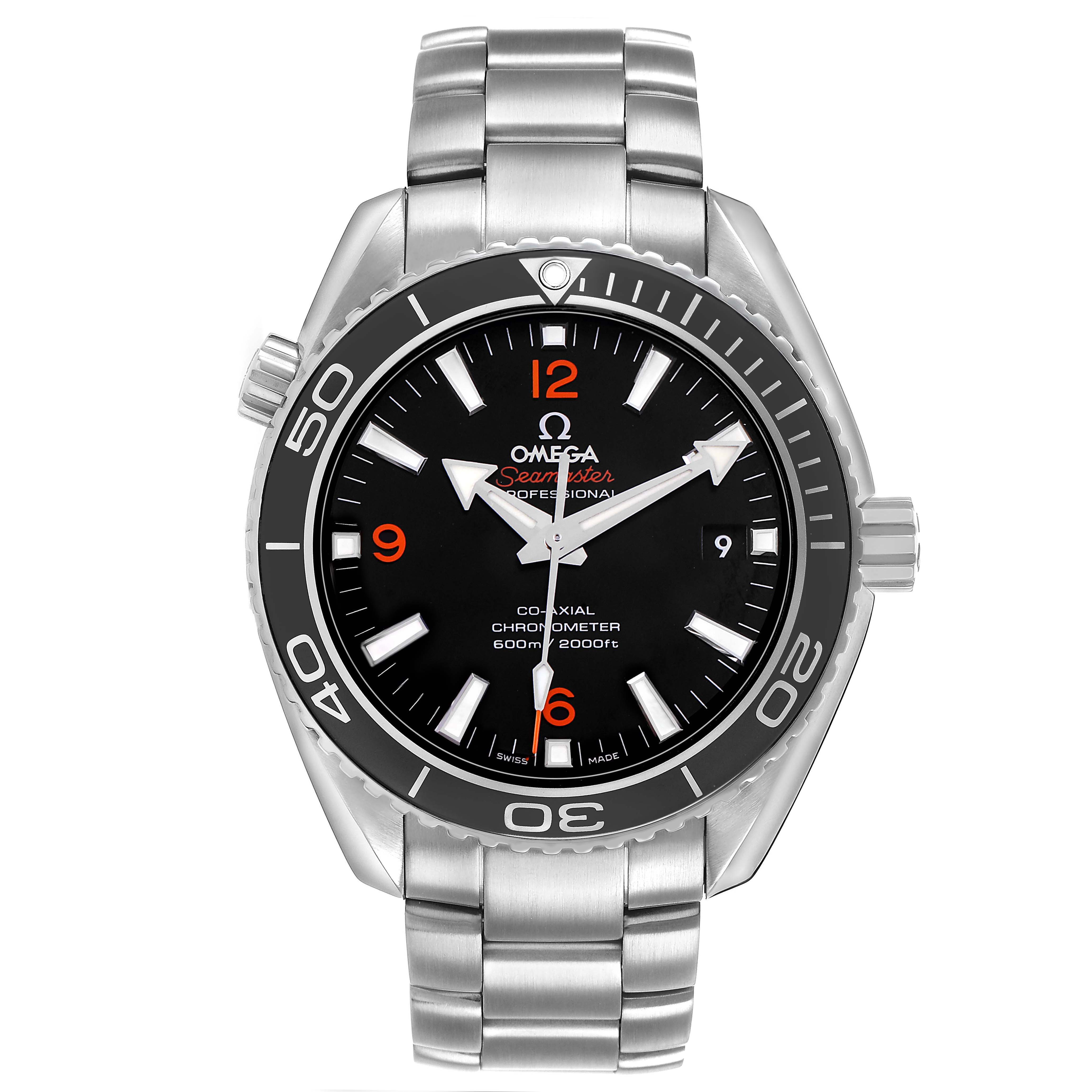 The image shows a frontal view of the Omega Seamaster 232.30.42.21.01.003 Men's Stainless Steel Black Dial watch, displaying the dial, bezel, and metal bracelet.