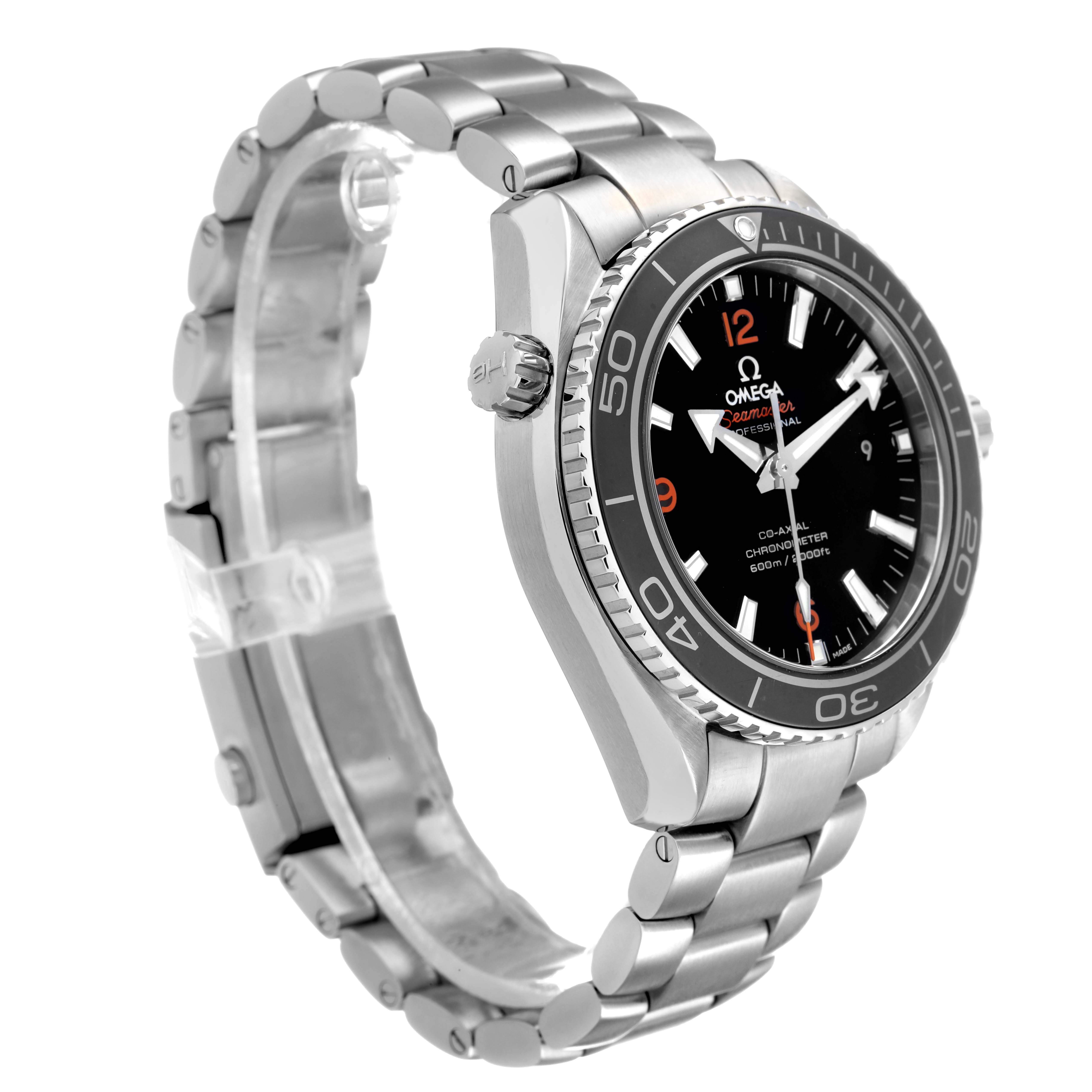 The Omega Seamaster 232.30.42.21.01.003 Men's Stainless Steel Black Dial watch is shown at a three-quarter angle, displaying the face, bezel, crown, and stainless steel bracelet.