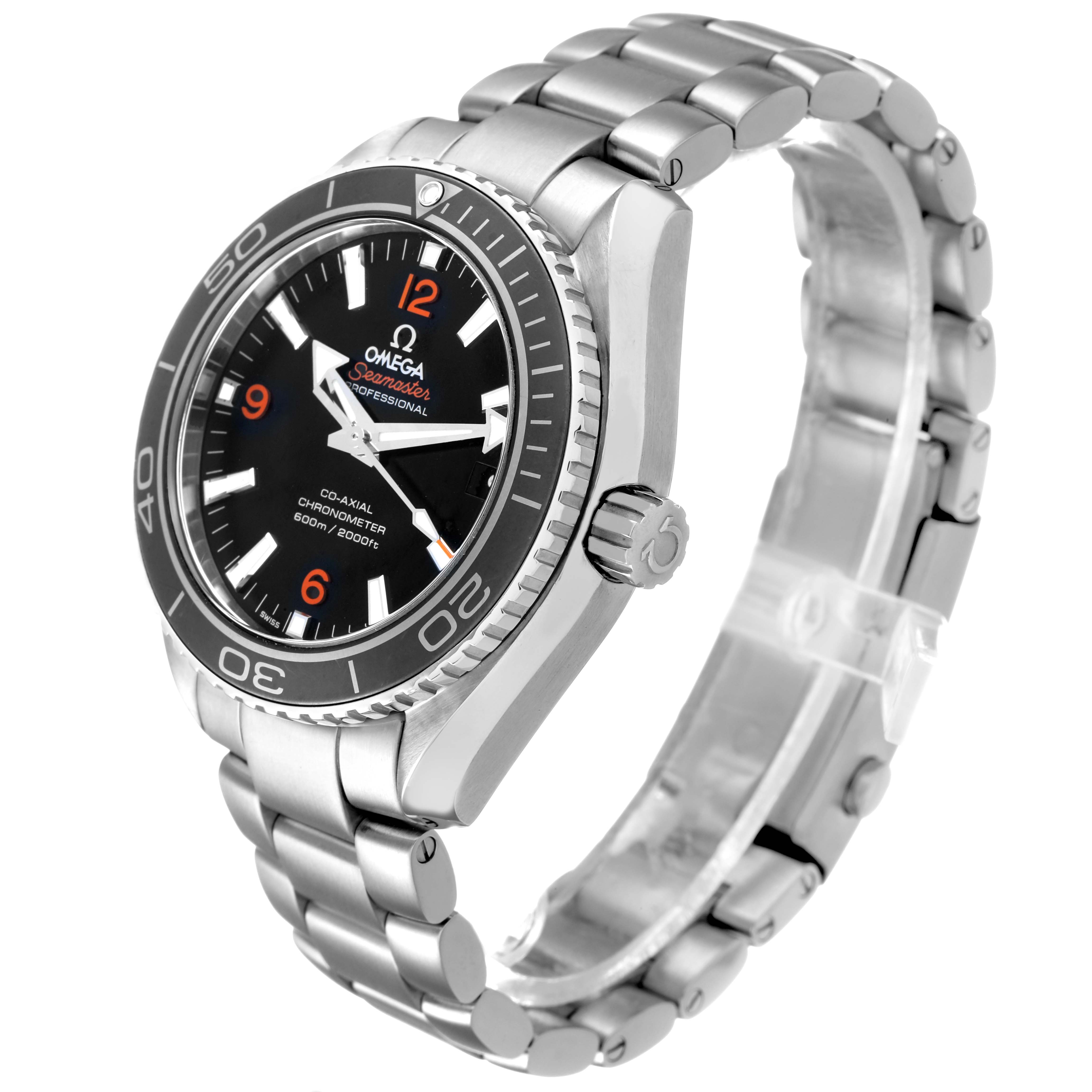 The Omega Seamaster 232.30.42.21.01.003 Men's Stainless Steel Black Dial watch is shown at a three-quarter angle, highlighting its bezel, dial, crown, and metal bracelet.