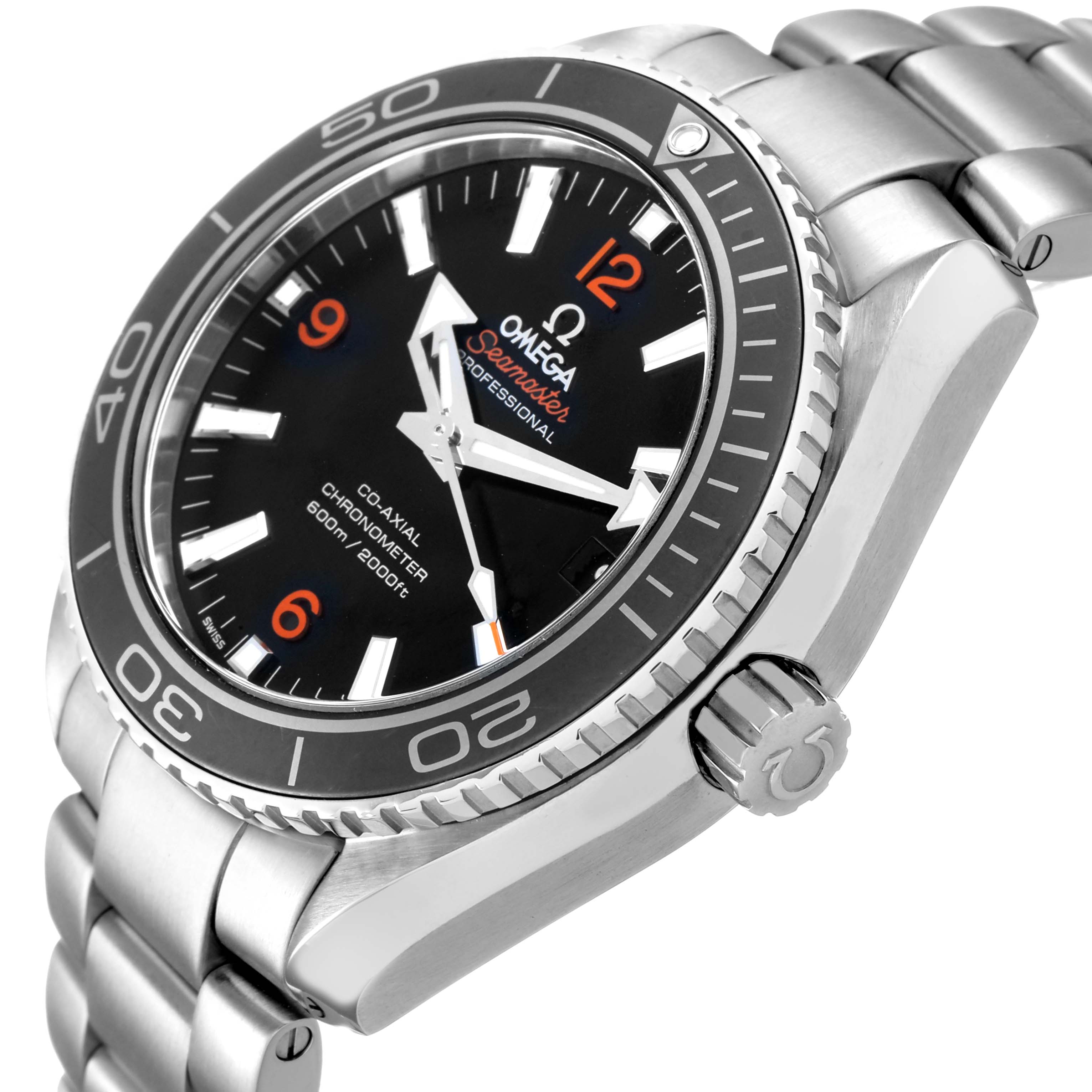The Omega Seamaster 232.30.42.21.01.003 Men's Stainless Steel Black Dial watch is shown at a side angle, highlighting the bezel, crown, dial, and part of the metal bracelet.