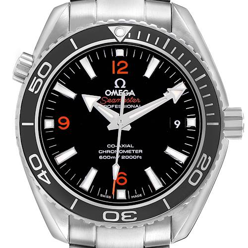 The image shows a front view of the Omega Seamaster 232.30.42.21.01.003 Men's Stainless Steel Black Dial watch, highlighting the bezel, hands, and dial.