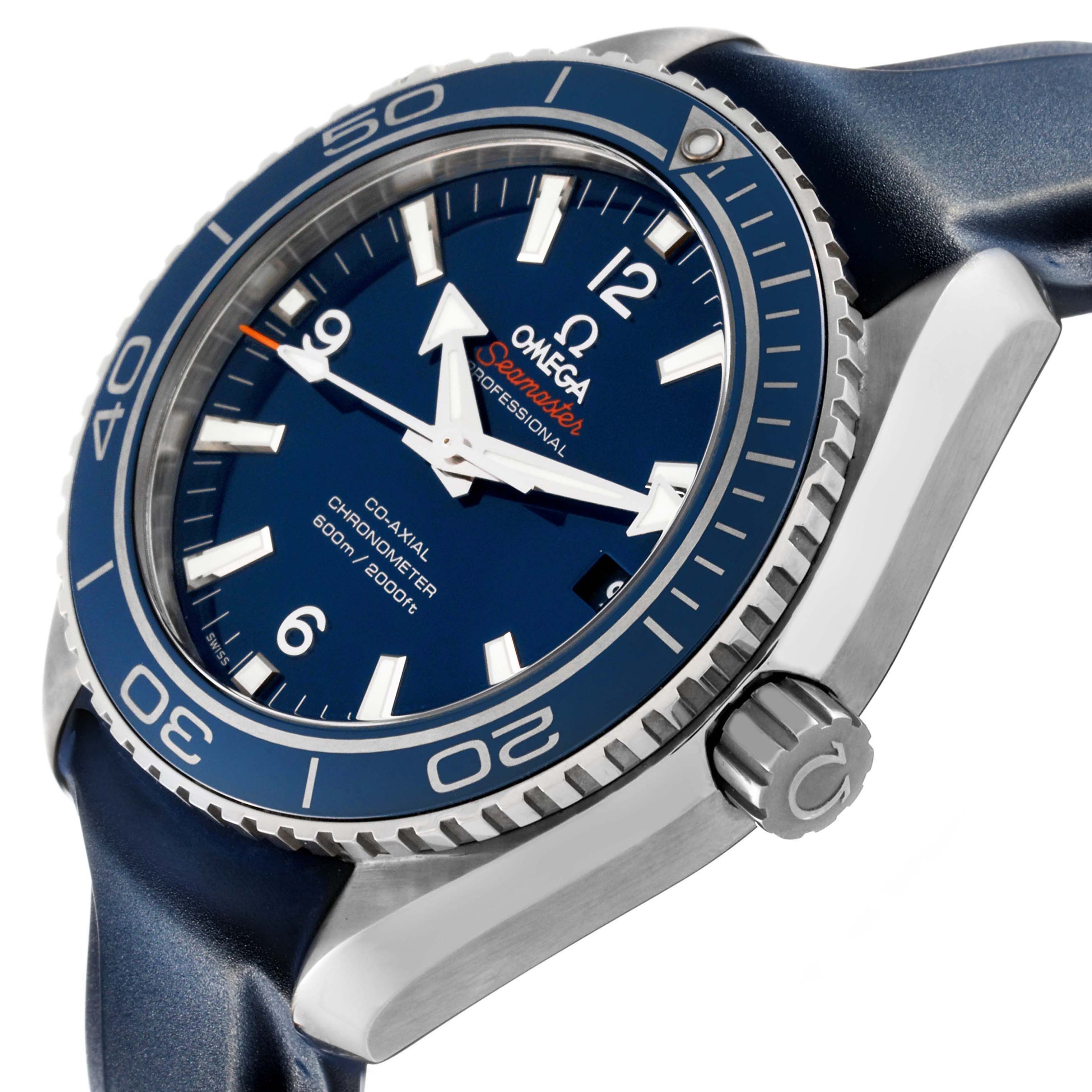The Omega Seamaster 232.92.42.21.03.001 Men's Titanium Blue Dial watch is shown at an angle highlighting the bezel, crown, and face with prominent hour markers.