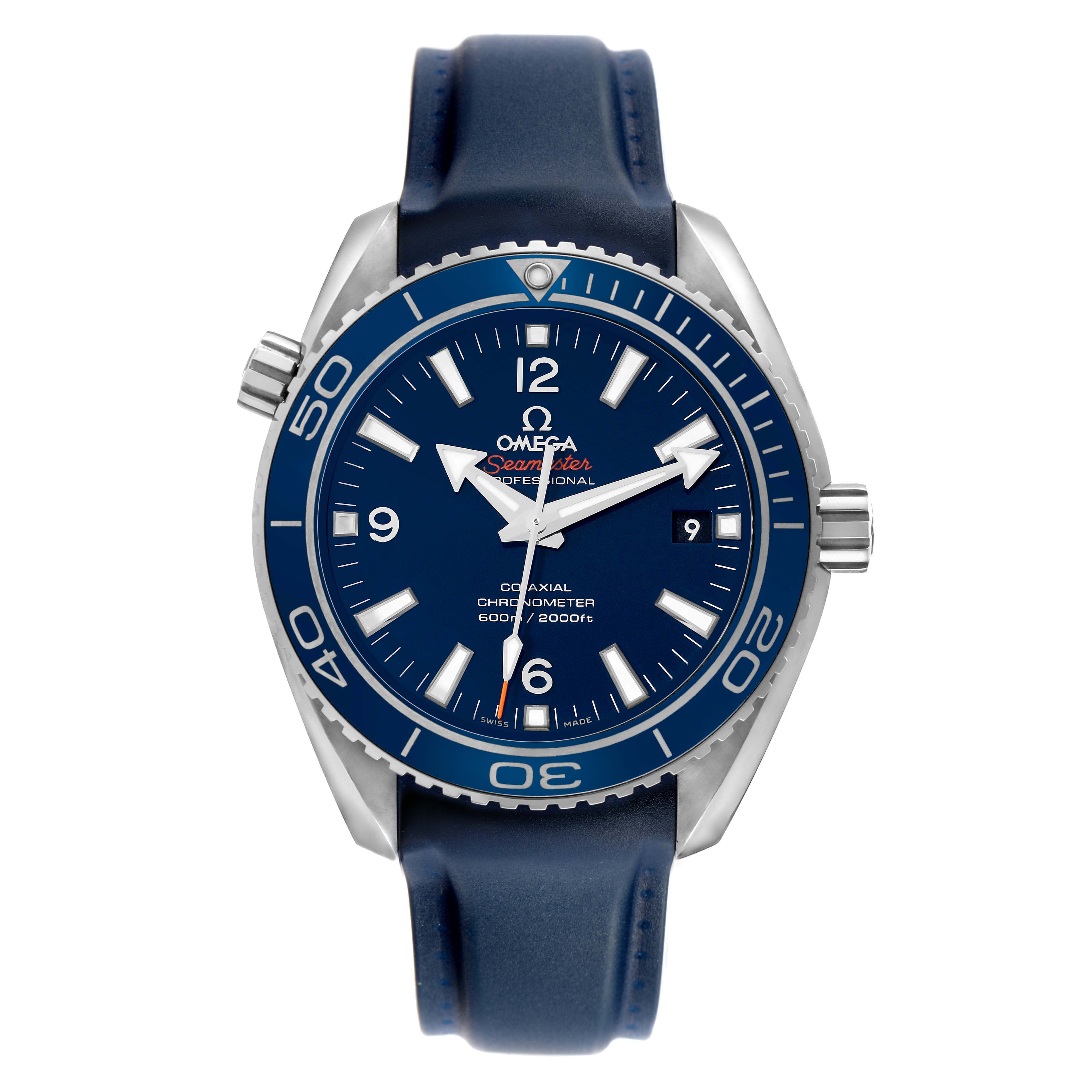The image shows a front view of the Omega Seamaster 232.92.42.21.03.001 Men's Titanium Blue Dial watch, highlighting the blue dial, bezel, and strap.