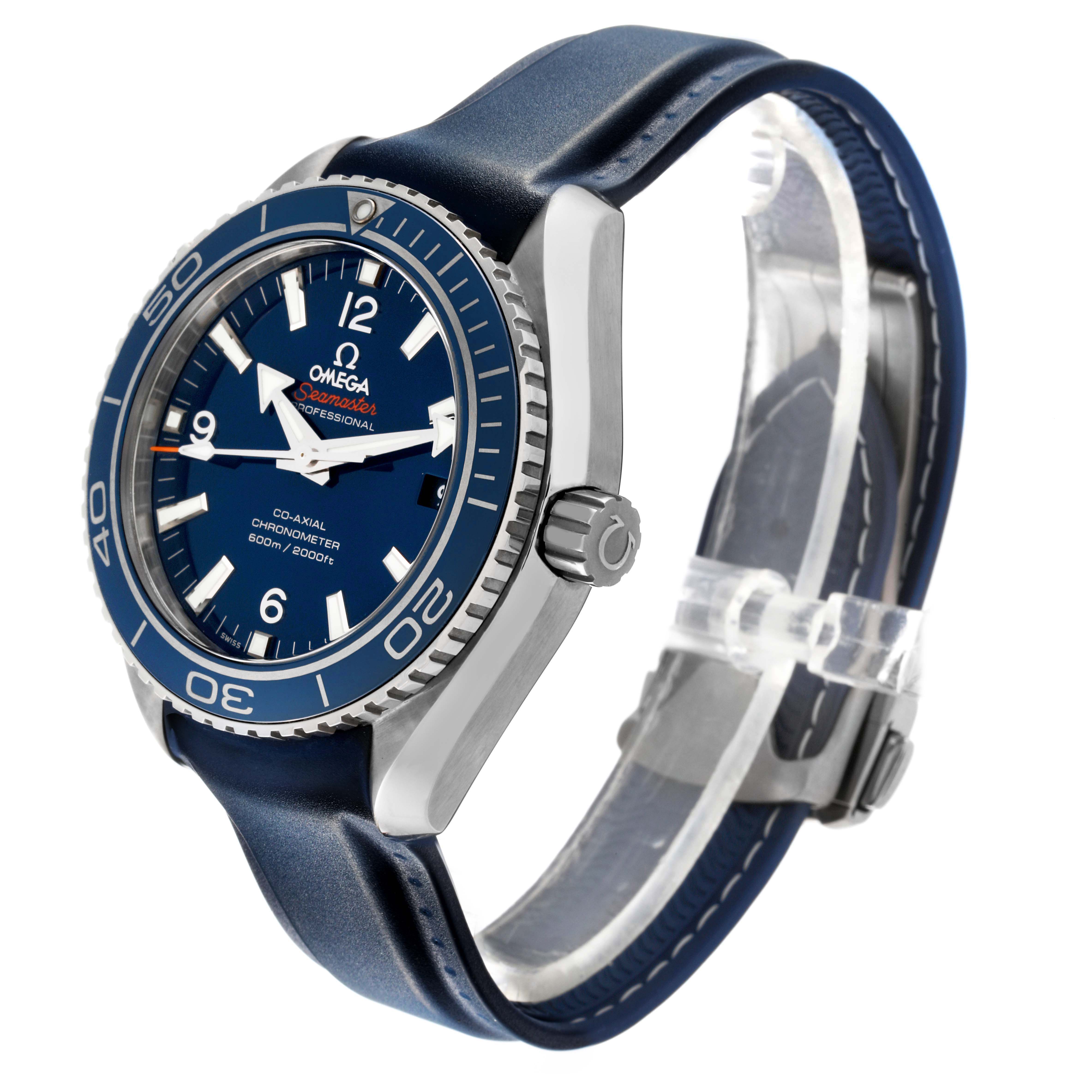 The Omega Seamaster 232.92.42.21.03.001 Men's Titanium Blue Dial watch is shown at a slight angle, highlighting the dial, bezel, crown, and strap.