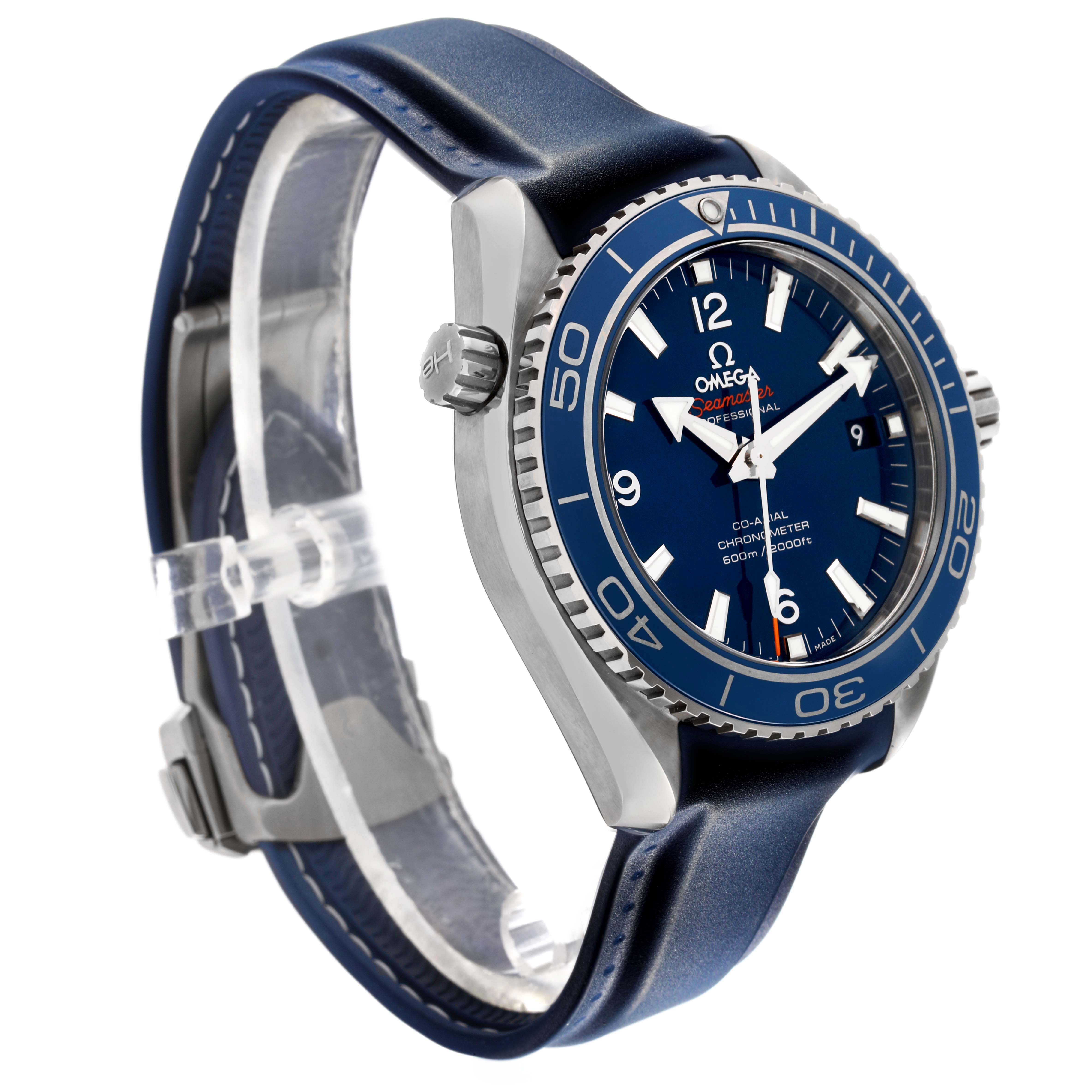 The Omega Seamaster 232.92.42.21.03.001 Men's Titanium Blue Dial watch is shown at a three-quarter angle, displaying the face, bezel, crown, and strap.