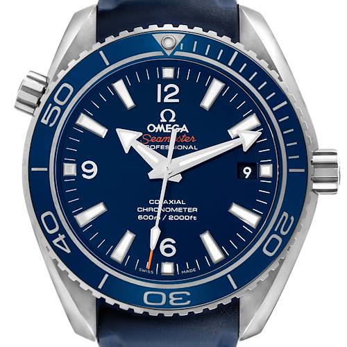 The Omega Seamaster 232.92.42.21.03.001 Men's Titanium Blue Dial watch is shown from a front angle, highlighting the face, bezel, case, and crown.