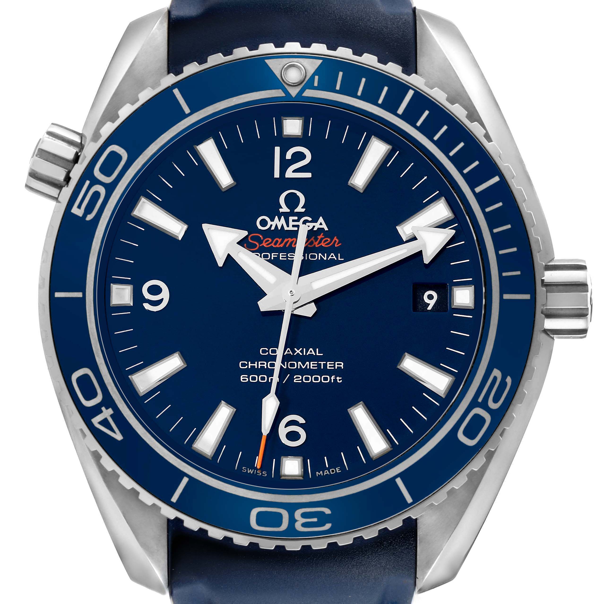 The Omega Seamaster 232.92.42.21.03.001 Men's Titanium Blue Dial watch is shown from a slightly top-down angle, highlighting the face, bezel, crown, and strap.