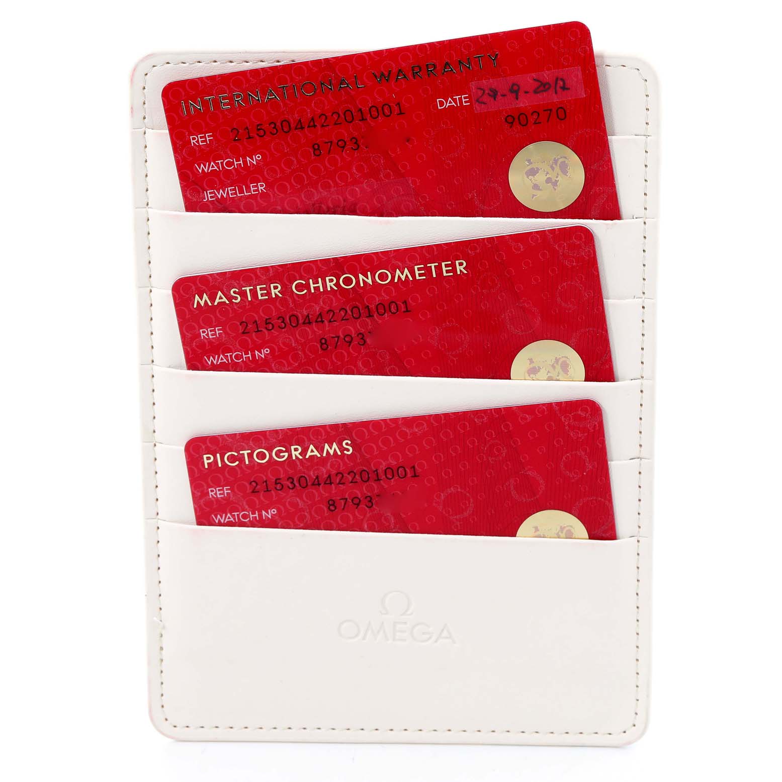 The image shows the warranty cards for the Omega Planet Ocean 215.30.44.22.01.001 Men's Stainless Steel Black Dial 215.30.44.22.01.001 Men's Stainless Steel Black Dial model, displayed inside a white cardholder.