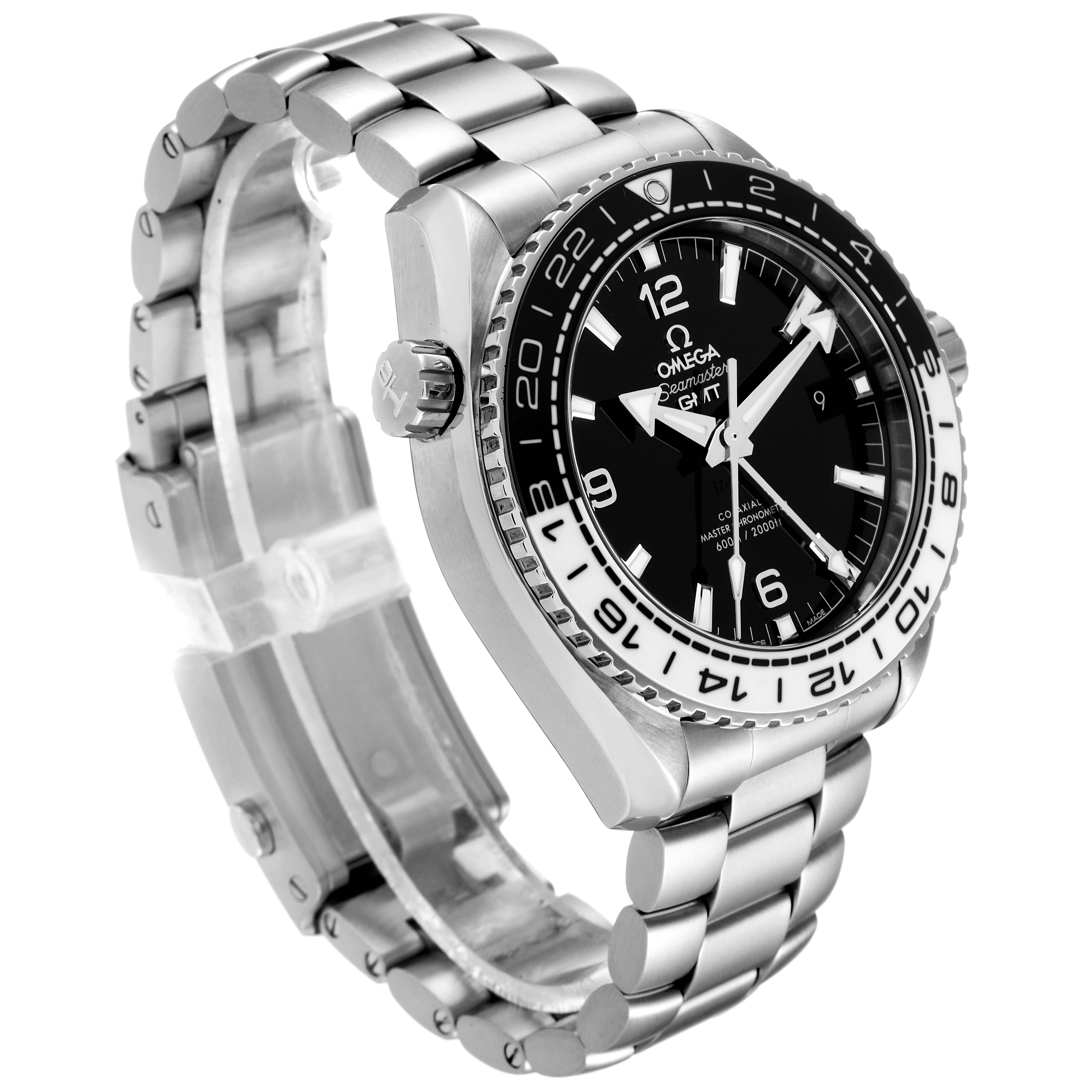 The Omega Planet Ocean 215.30.44.22.01.001 Men's Stainless Steel Black Dial 215.30.44.22.01.001 Men's Stainless Steel Black Dial watch is shown at an angle displaying the face, crown, bezel, and stainless steel bracelet.