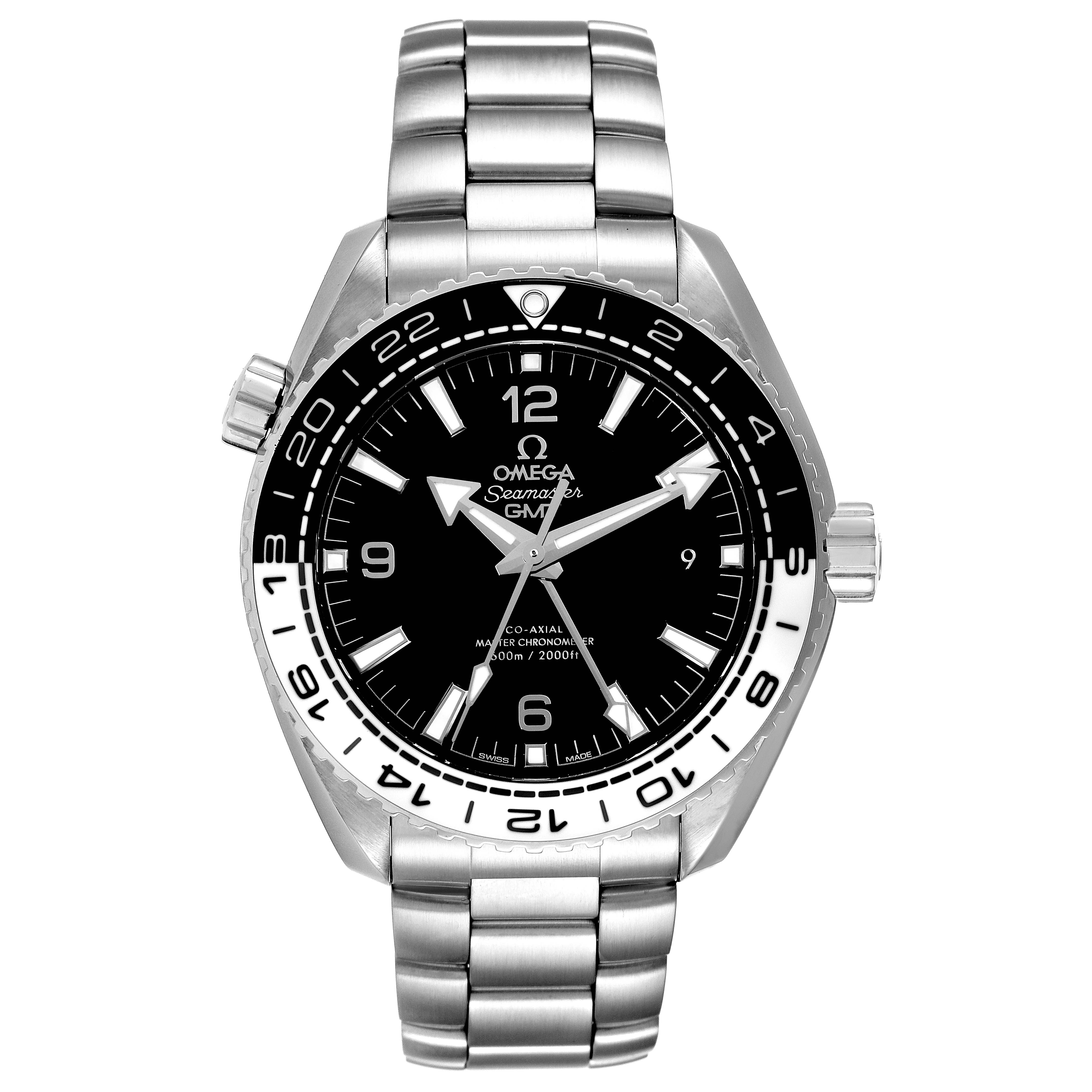 This image shows a front view of the Omega Planet Ocean 215.30.44.22.01.001 Men's Stainless Steel Black Dial 215.30.44.22.01.001 Men's Stainless Steel Black Dial Seamaster GMT watch with a metal bracelet and black dial.