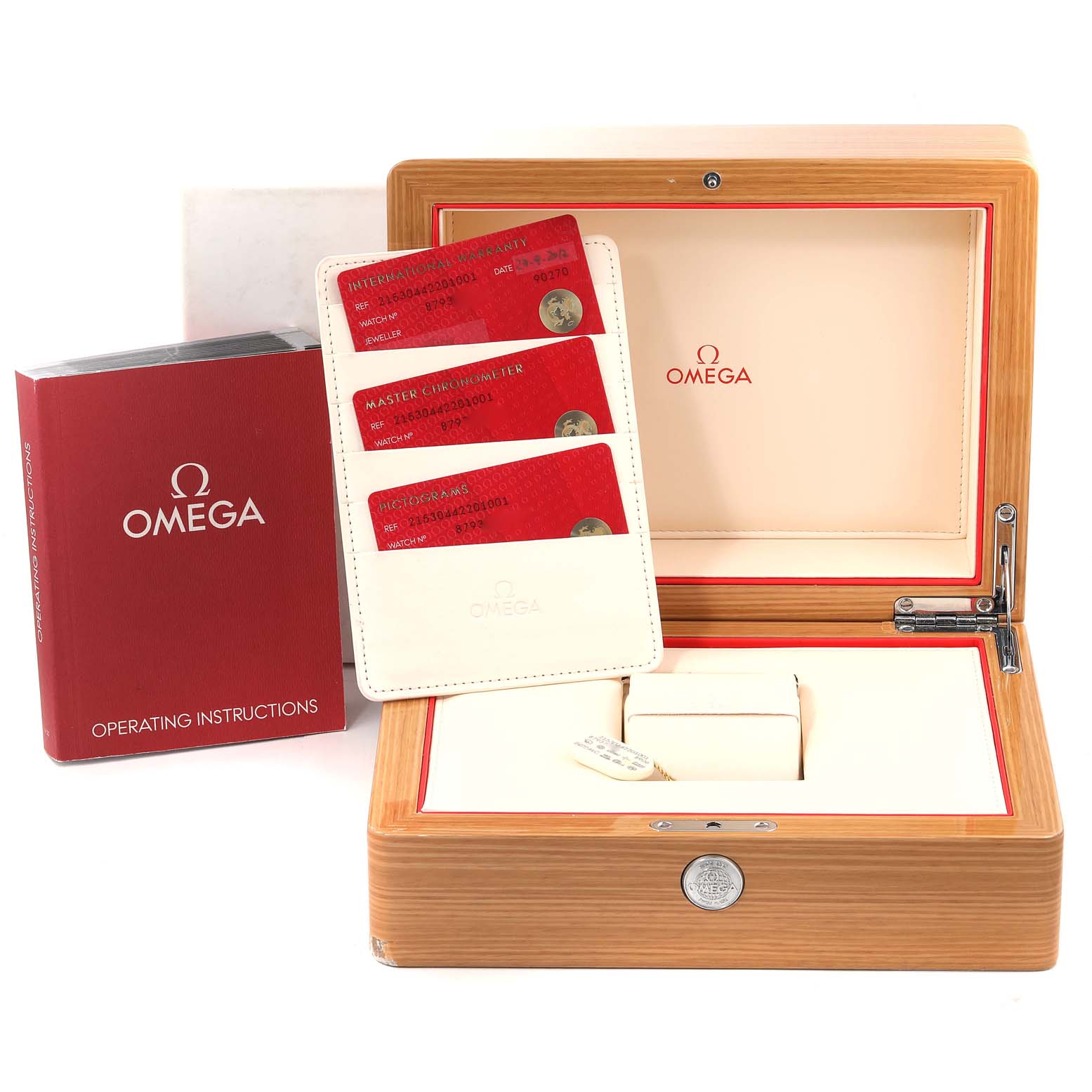 The image shows the packaging, operating instructions, warranty cards, and box for an Omega Planet Ocean 215.30.44.22.01.001 Men's Stainless Steel Black Dial 215.30.44.22.01.001 Men's Stainless Steel Black Dial watch.