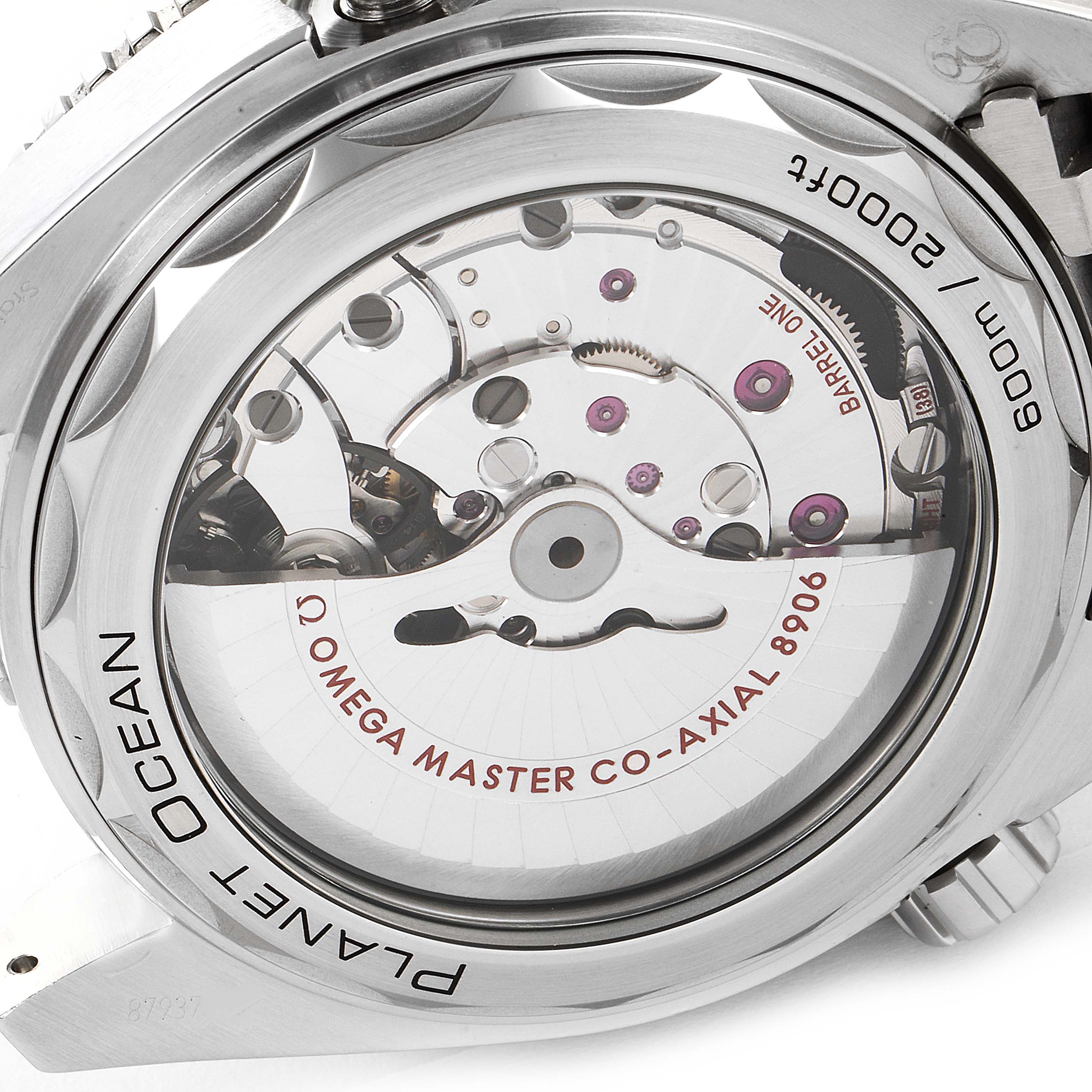 The image shows the case back and movement of the Omega Planet Ocean 215.30.44.22.01.001 Men's Stainless Steel Black Dial 215.30.44.22.01.001 Men's Stainless Steel Black Dial watch model, highlighting the intricate inner mechanics.