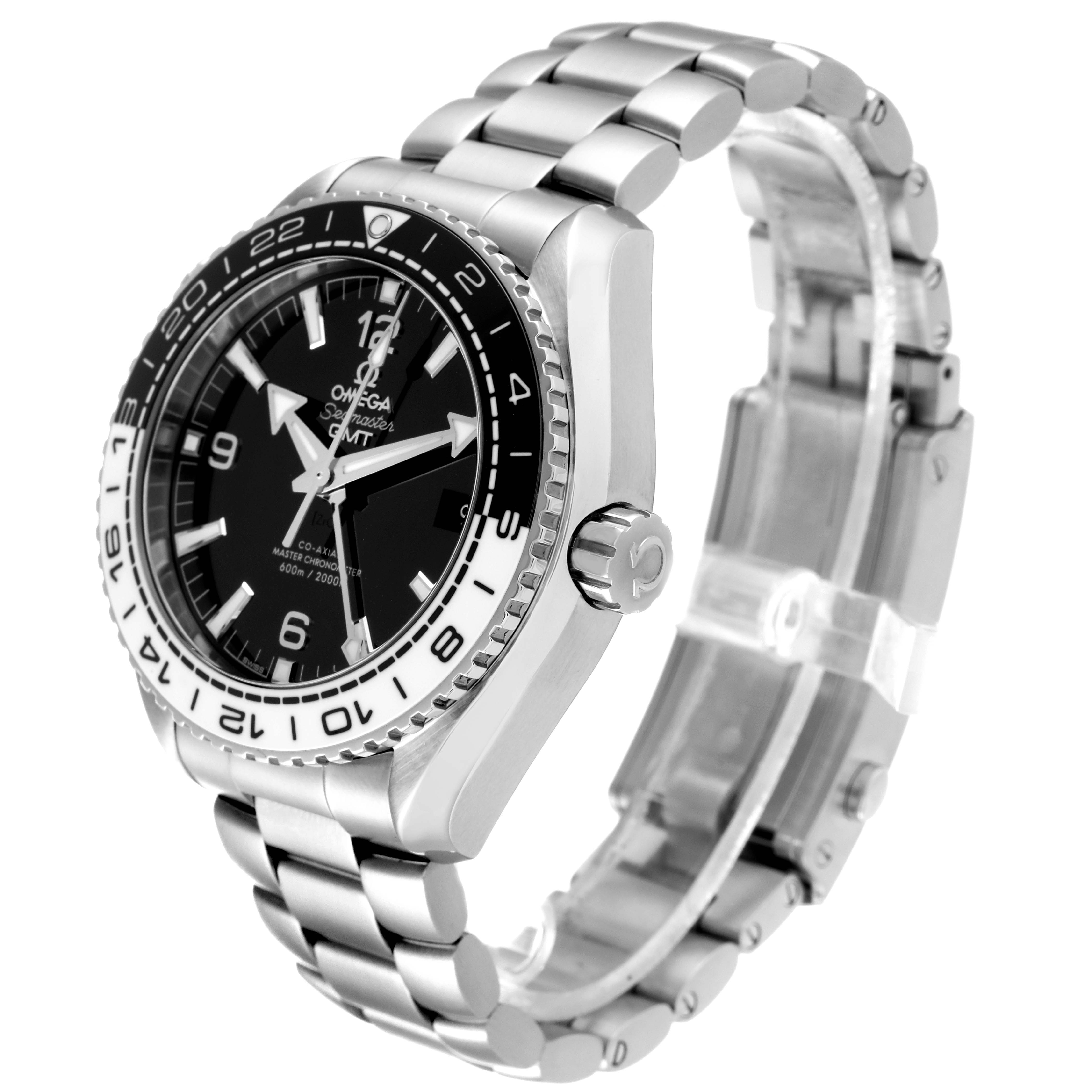 This image features an angled view of the Omega Planet Ocean 215.30.44.22.01.001 Men's Stainless Steel Black Dial 215.30.44.22.01.001 Men's Stainless Steel Black Dial model, highlighting its face, bezel, crown, and stainless steel bracelet.