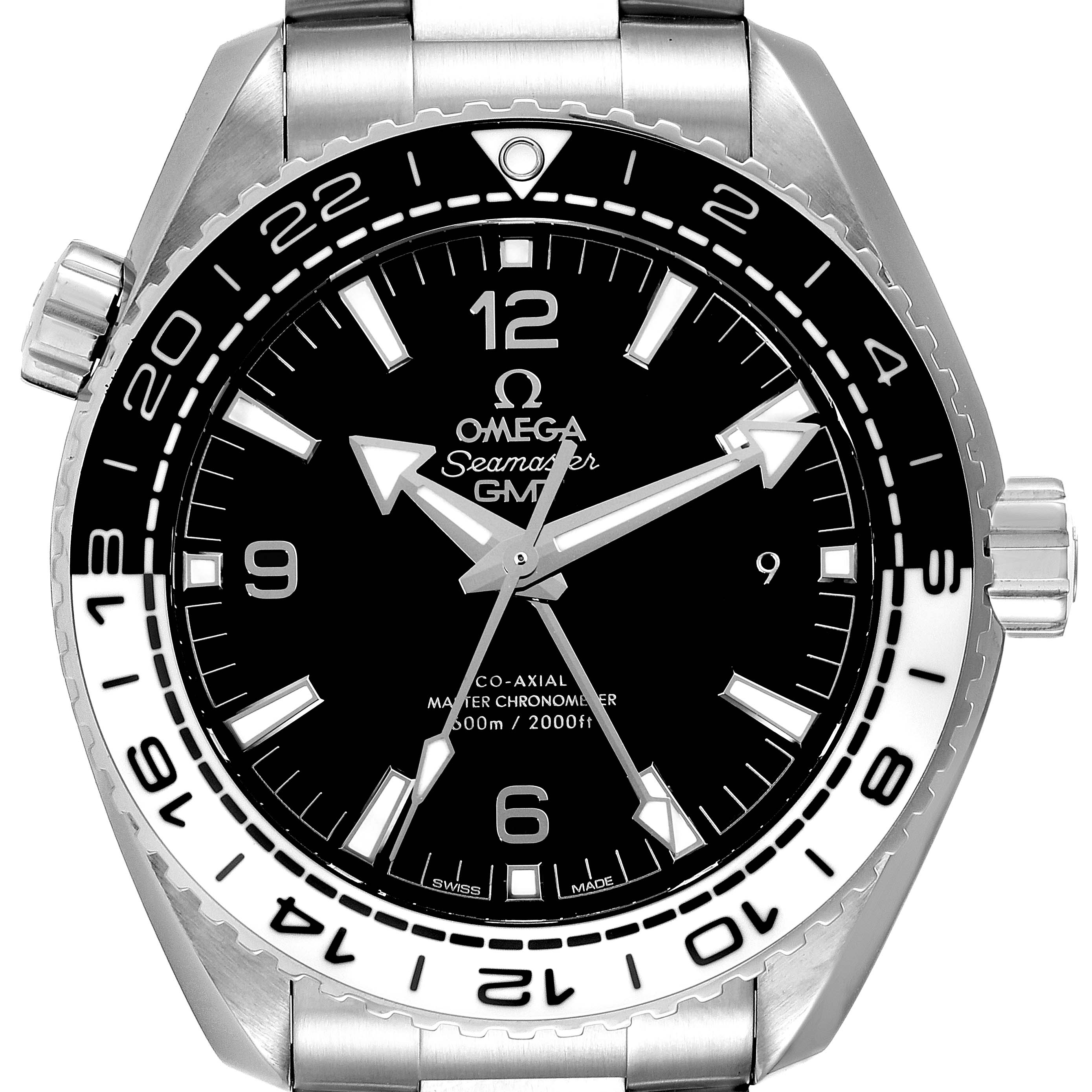 The Omega Planet Ocean 215.30.44.22.01.001 Men's Stainless Steel Black Dial 215.30.44.22.01.001 Men's Stainless Steel Black Dial Seamaster GMT watch is shown from the front, highlighting the dial, hands, bezel, crown, and part of the bracelet.