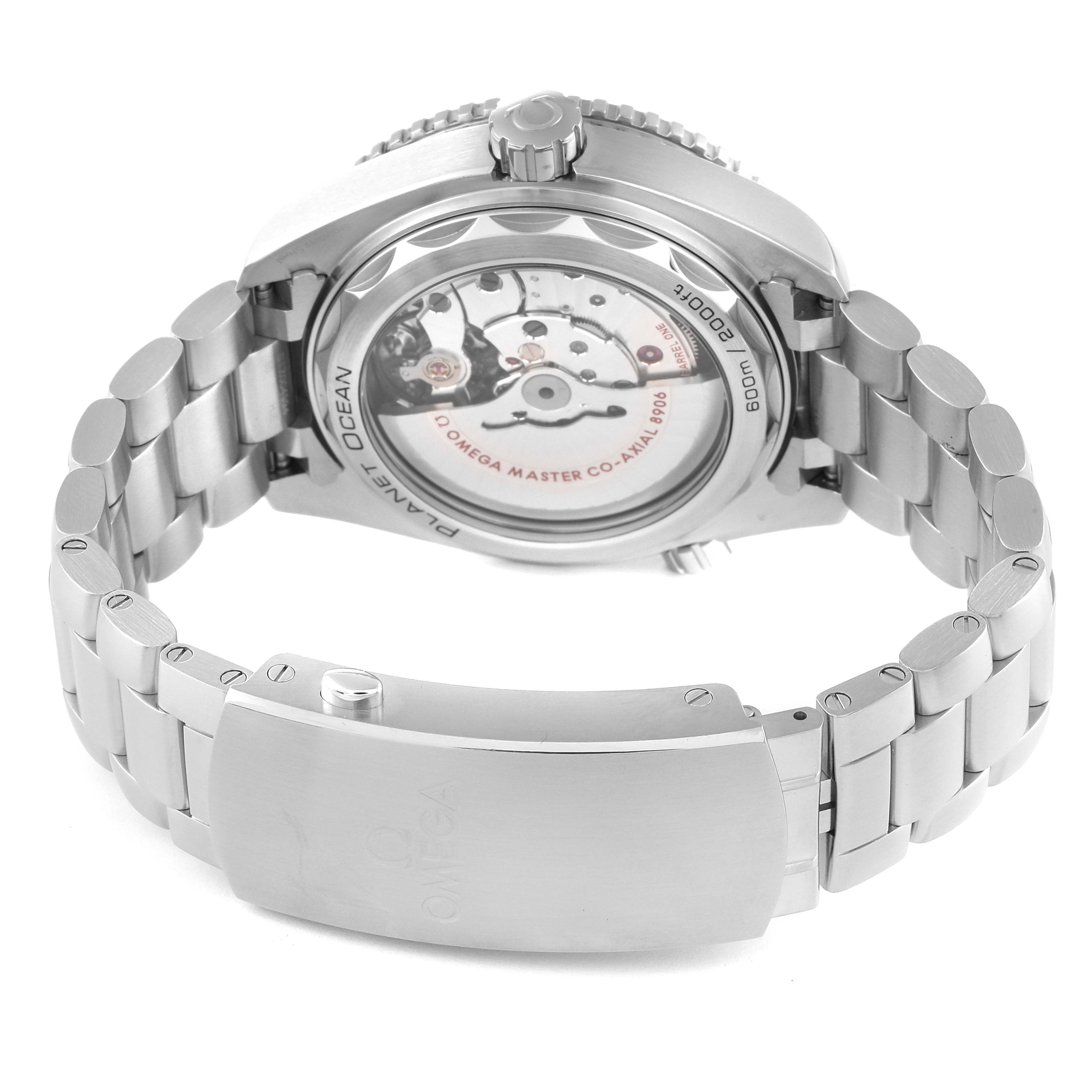 The image shows the back view of an Omega Planet Ocean 215.30.44.22.01.001 Men's Stainless Steel Black Dial 215.30.44.22.01.001 Men's Stainless Steel Black Dial watch, highlighting its stainless steel bracelet, clasp, and transparent case back.