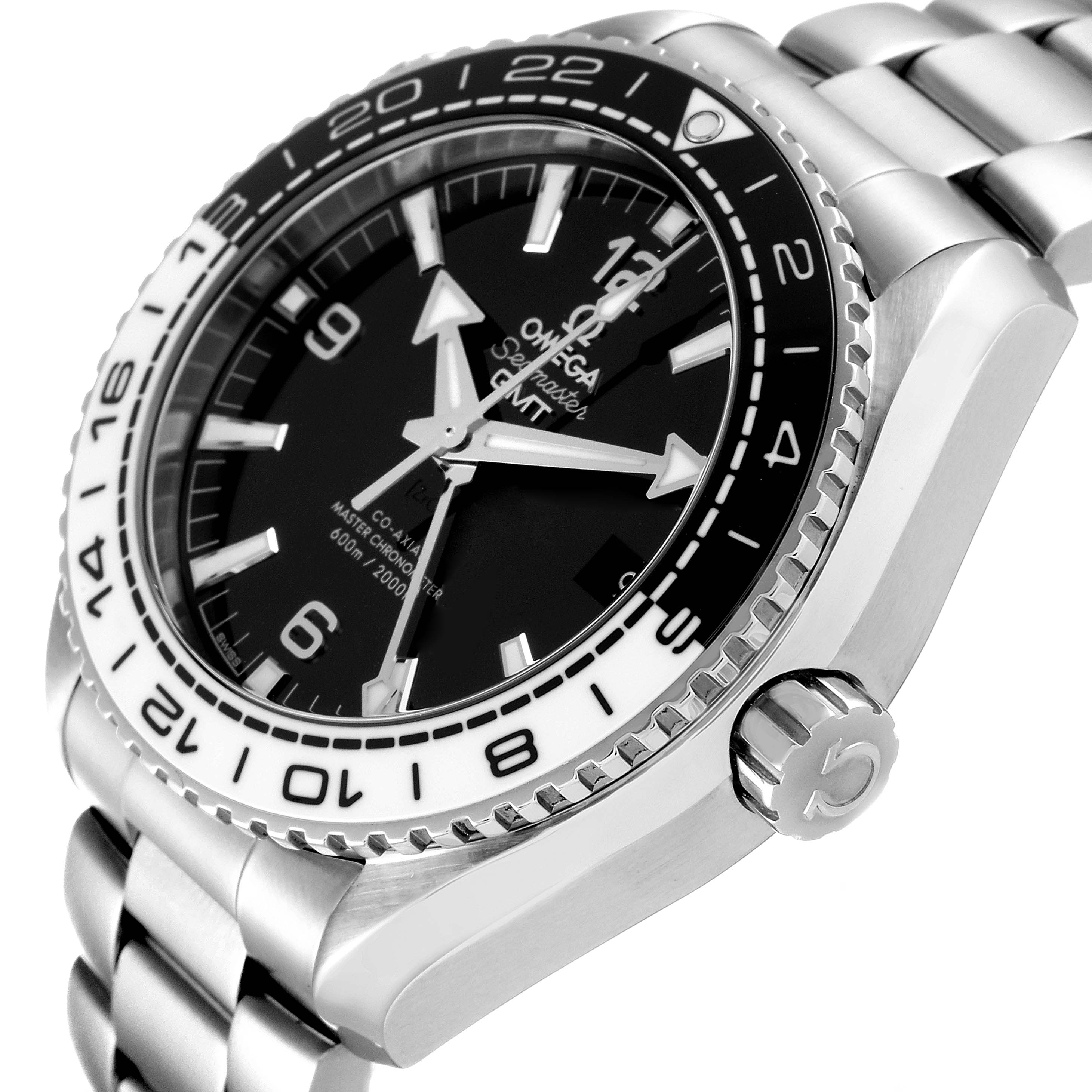 The Omega Planet Ocean 215.30.44.22.01.001 Men's Stainless Steel Black Dial 215.30.44.22.01.001 Men's Stainless Steel Black Dial watch is shown at an angle, highlighting the dial, bezel, crown, and part of the bracelet.