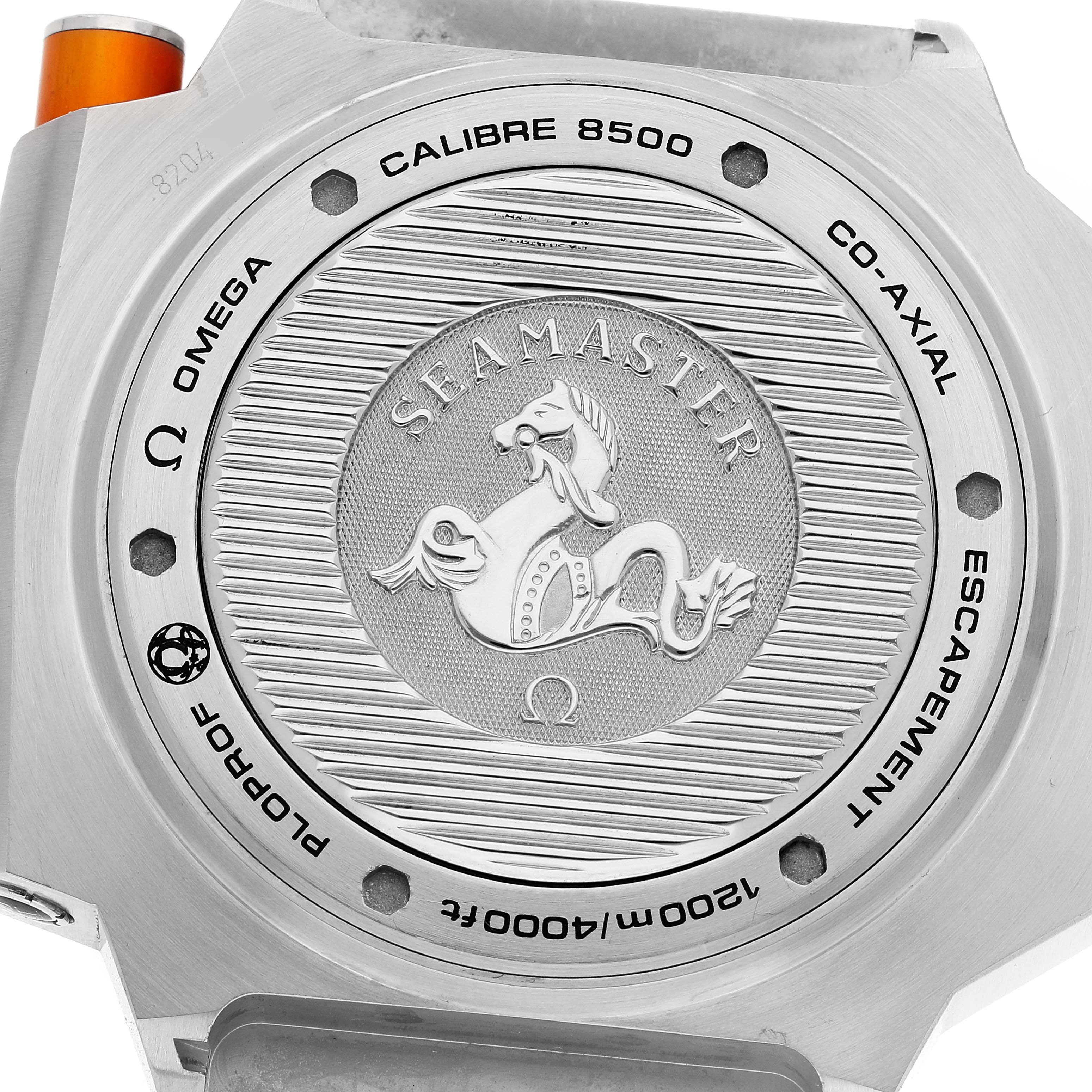 This image shows the case back of the Omega Seamaster Ploprof watch, detailing the model, caliber, and branding engravings.