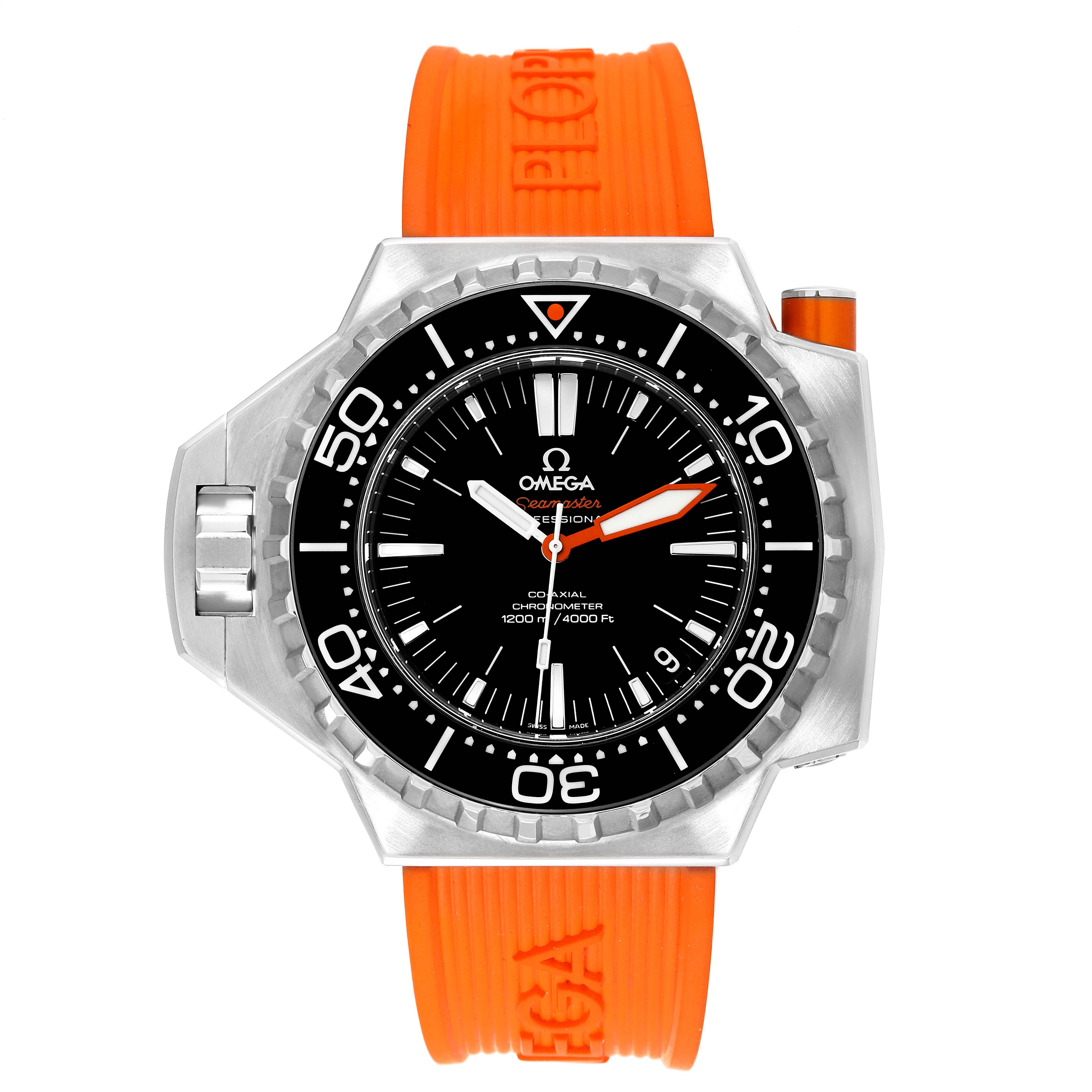 The image shows a front view of an Omega Ploprof 224.32.55.21.01.001 Men's Stainless Steel Black Dial 224.32.55.21.01.001 Men's Stainless Steel Black Dial watch with an orange strap and black dial.