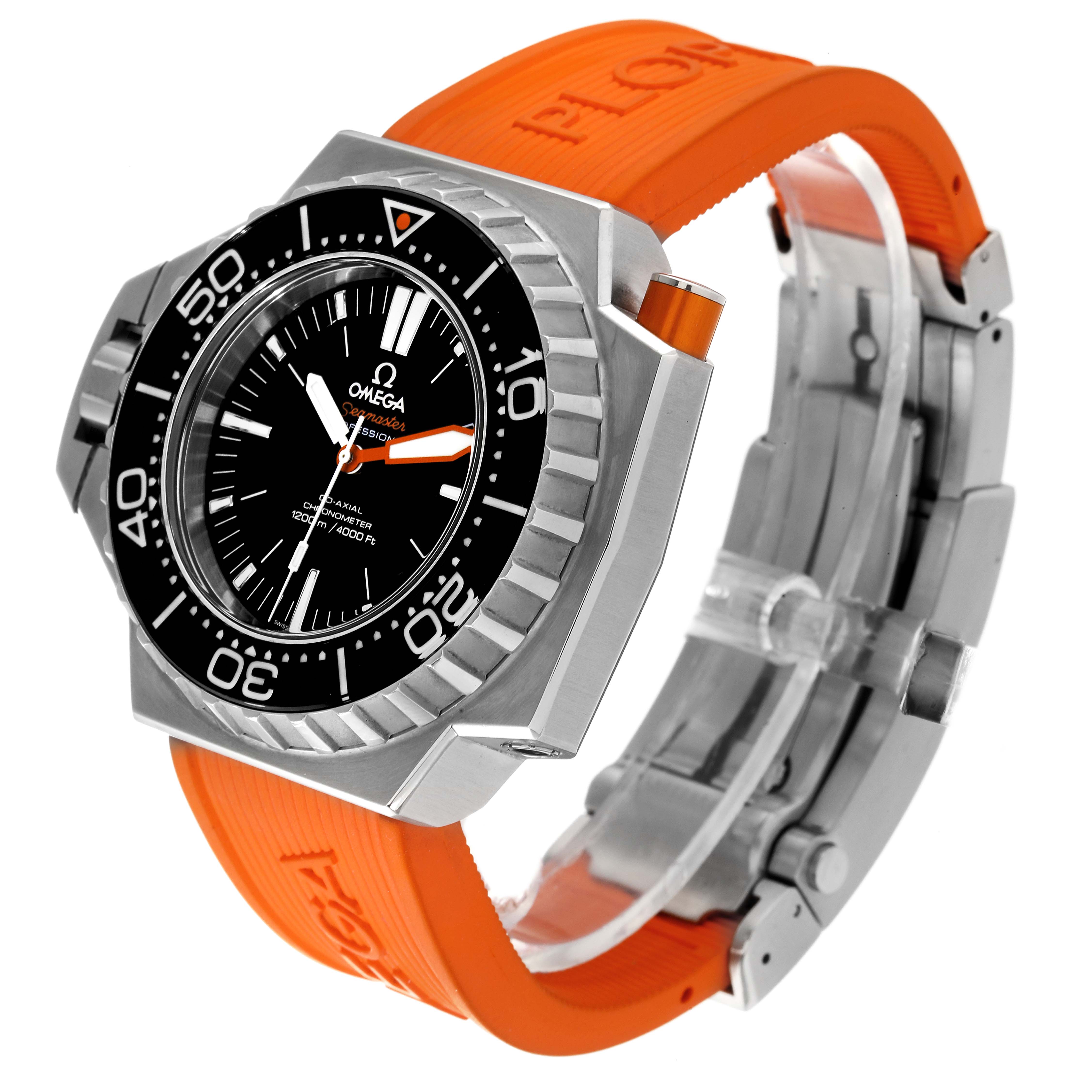 The Omega Ploprof 224.32.55.21.01.001 Men's Stainless Steel Black Dial 224.32.55.21.01.001 Men's Stainless Steel Black Dial watch is shown at an angle highlighting its dial, bezel, and orange strap.