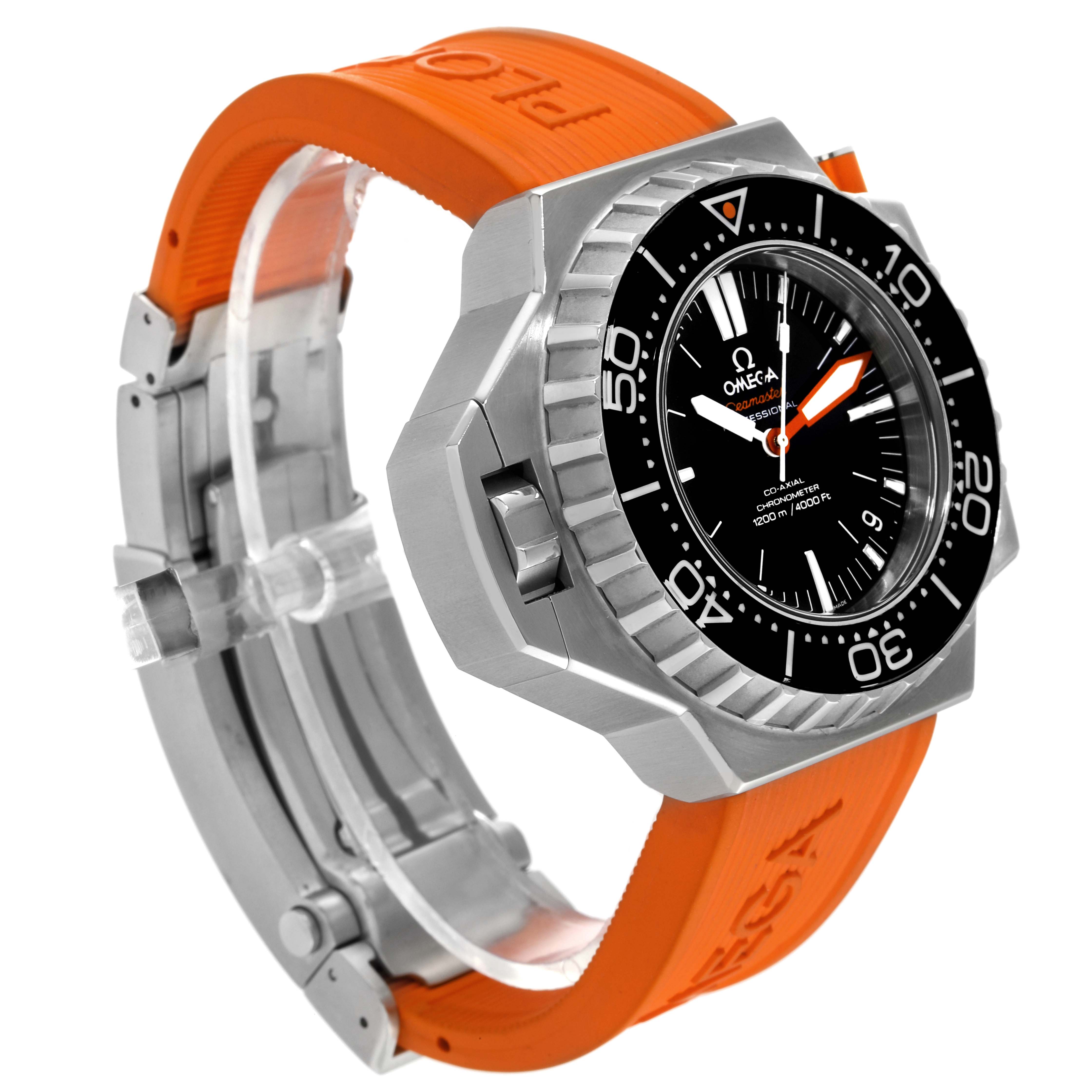 The image shows an Omega Ploprof 224.32.55.21.01.001 Men's Stainless Steel Black Dial 224.32.55.21.01.001 Men's Stainless Steel Black Dial watch at a three-quarter angle, highlighting its orange rubber strap and rugged bezel.
