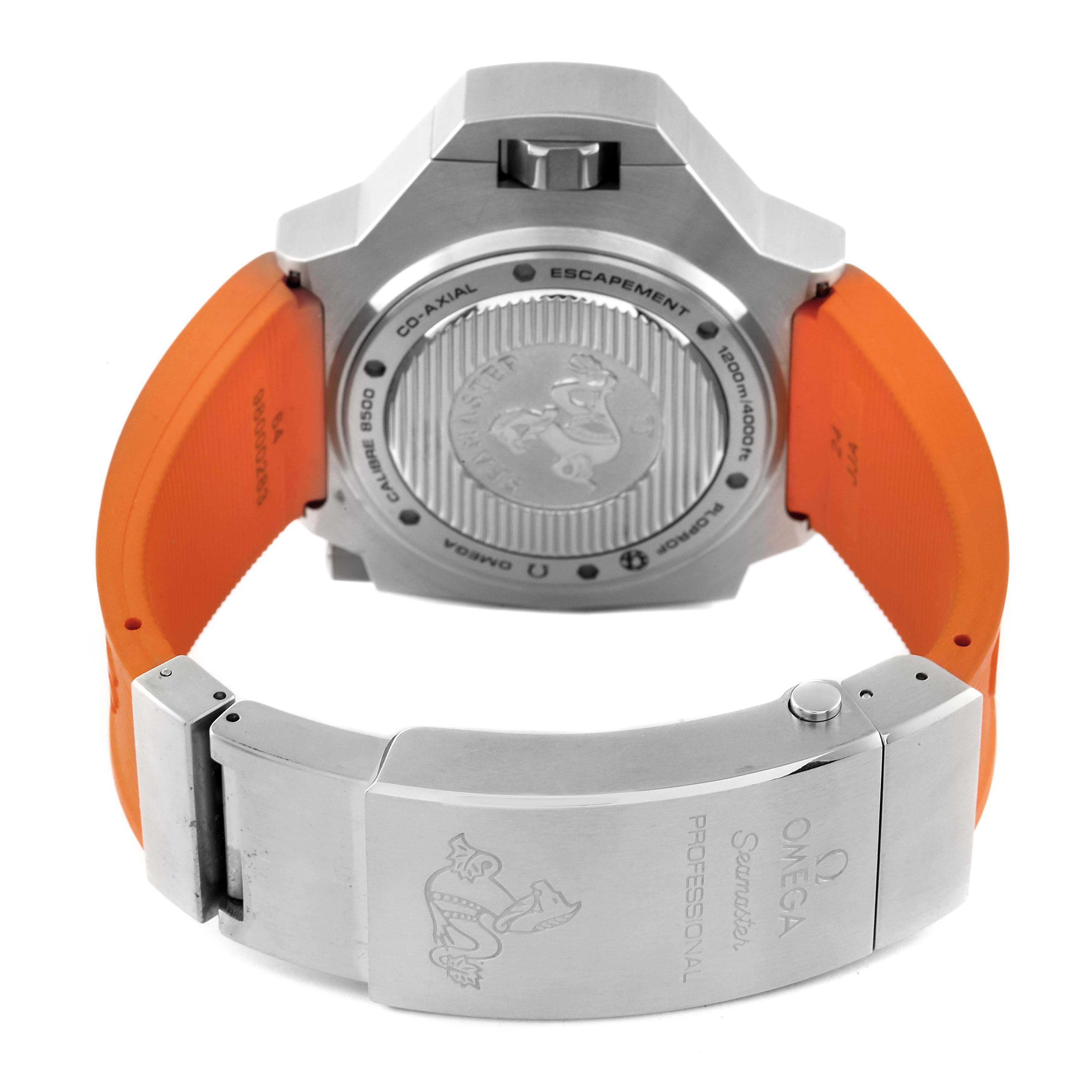 The image shows the back case and the orange strap of the Omega Ploprof 224.32.55.21.01.001 Men's Stainless Steel Black Dial 224.32.55.21.01.001 Men's Stainless Steel Black Dial watch from a rear angle.