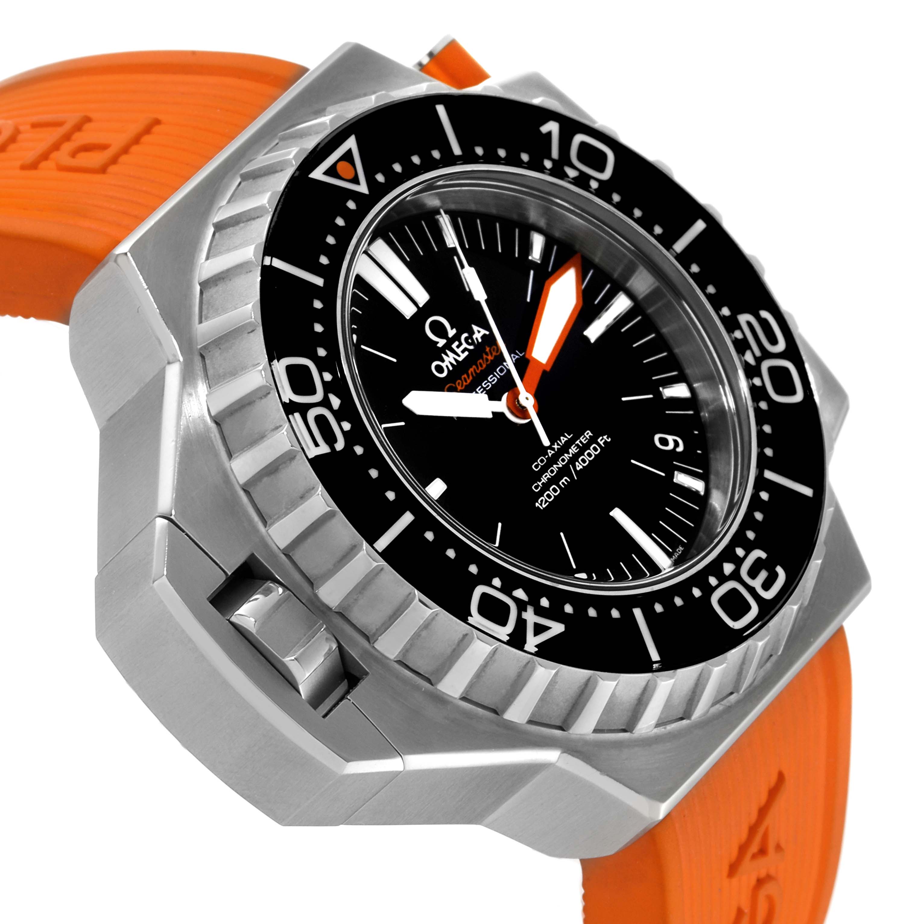 The image shows an angled view of an Omega Ploprof 224.32.55.21.01.001 Men's Stainless Steel Black Dial 224.32.55.21.01.001 Men's Stainless Steel Black Dial watch, focusing on its face, bezel, and orange band.