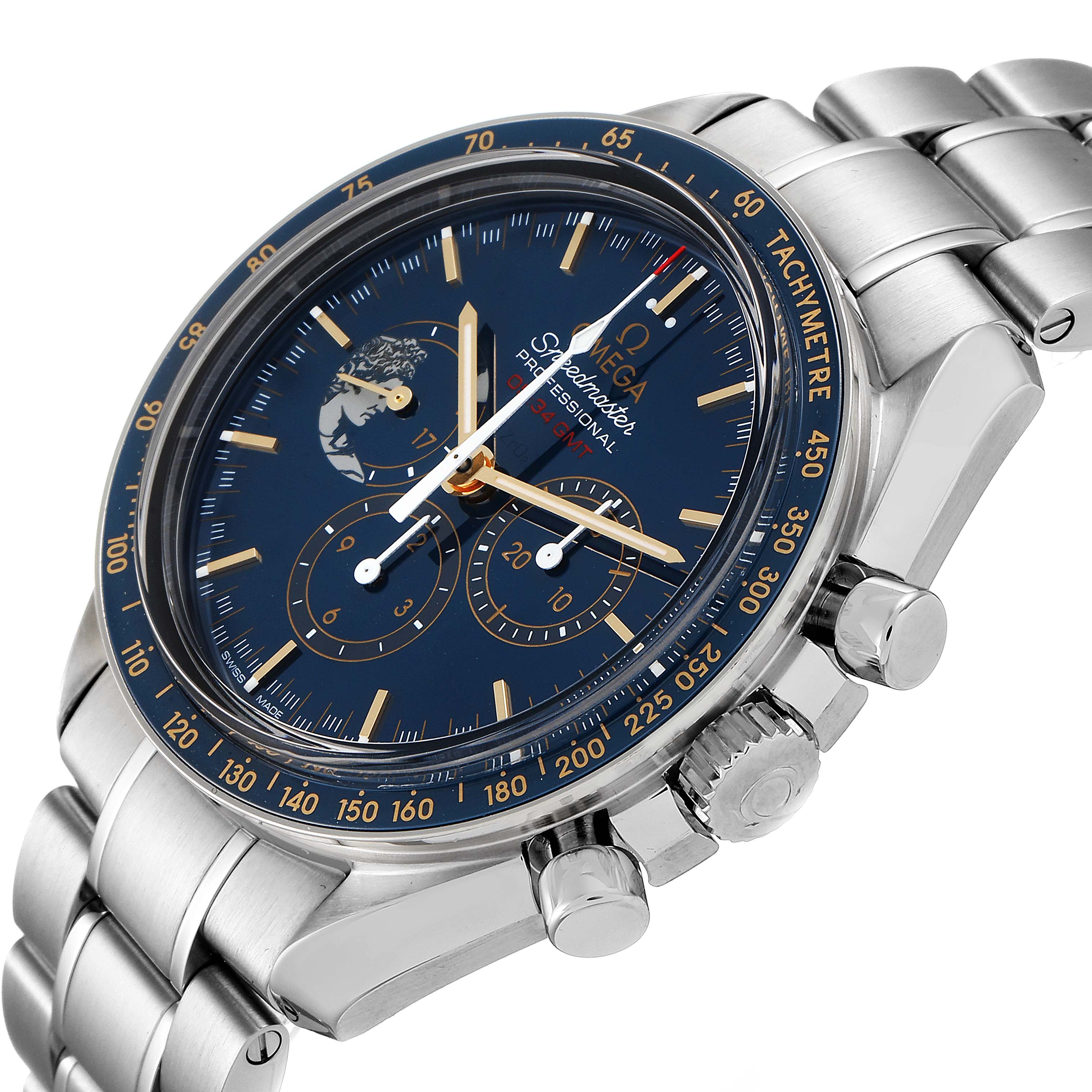 The image shows an angled view of the Omega Speedmaster 311.30.42.30.03.001 Men's Stainless Steel Blue Dial 311.30.42.30.03.001 Men's Stainless Steel Blue Dial watch, focusing on the face, bezel, and part of the stainless steel bracelet.