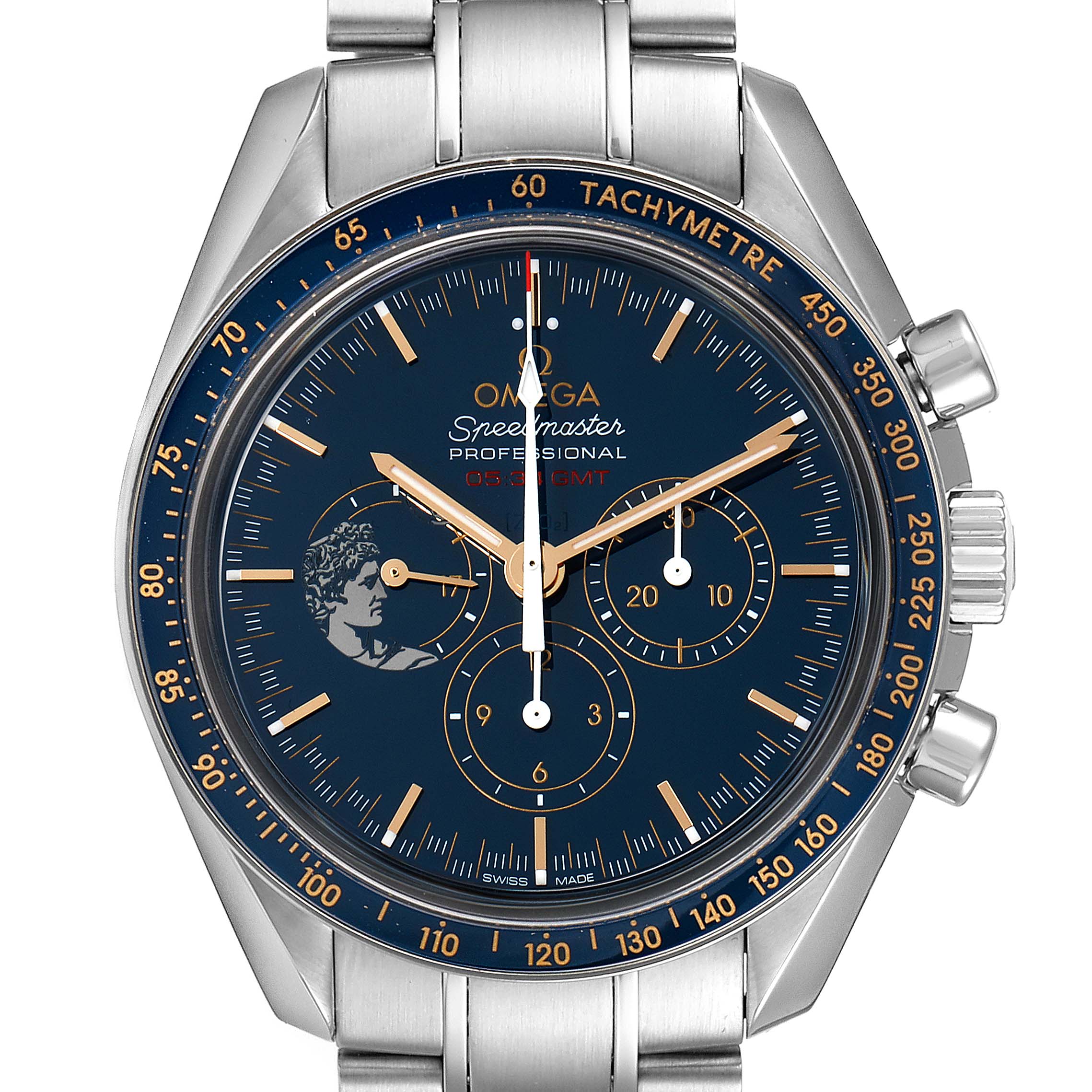 The image shows a frontal view of an Omega Speedmaster 311.30.42.30.03.001 Men's Stainless Steel Blue Dial 311.30.42.30.03.001 Men's Stainless Steel Blue Dial watch, highlighting the dial, tachymeter bezel, and chronograph pushers.