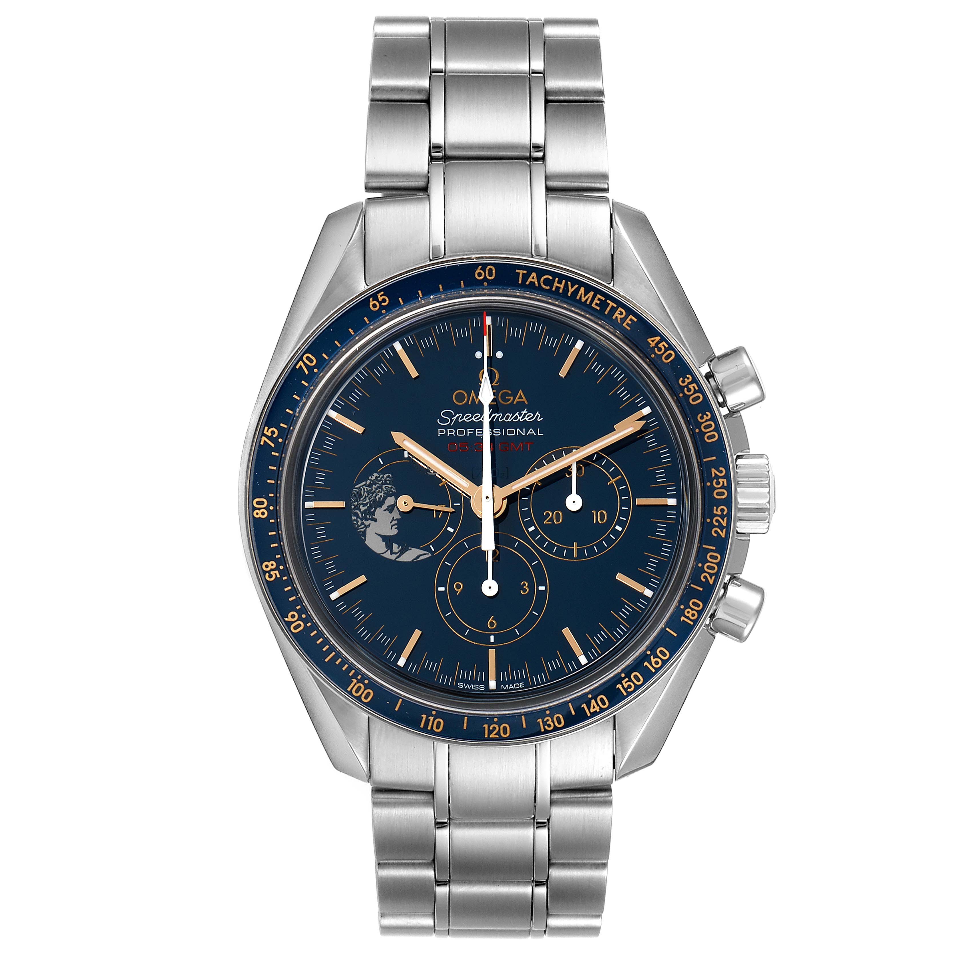 The Omega Speedmaster 311.30.42.30.03.001 Men's Stainless Steel Blue Dial 311.30.42.30.03.001 Men's Stainless Steel Blue Dial watch is shown from a top-down angle, featuring its face, bezel, case, and metal bracelet.