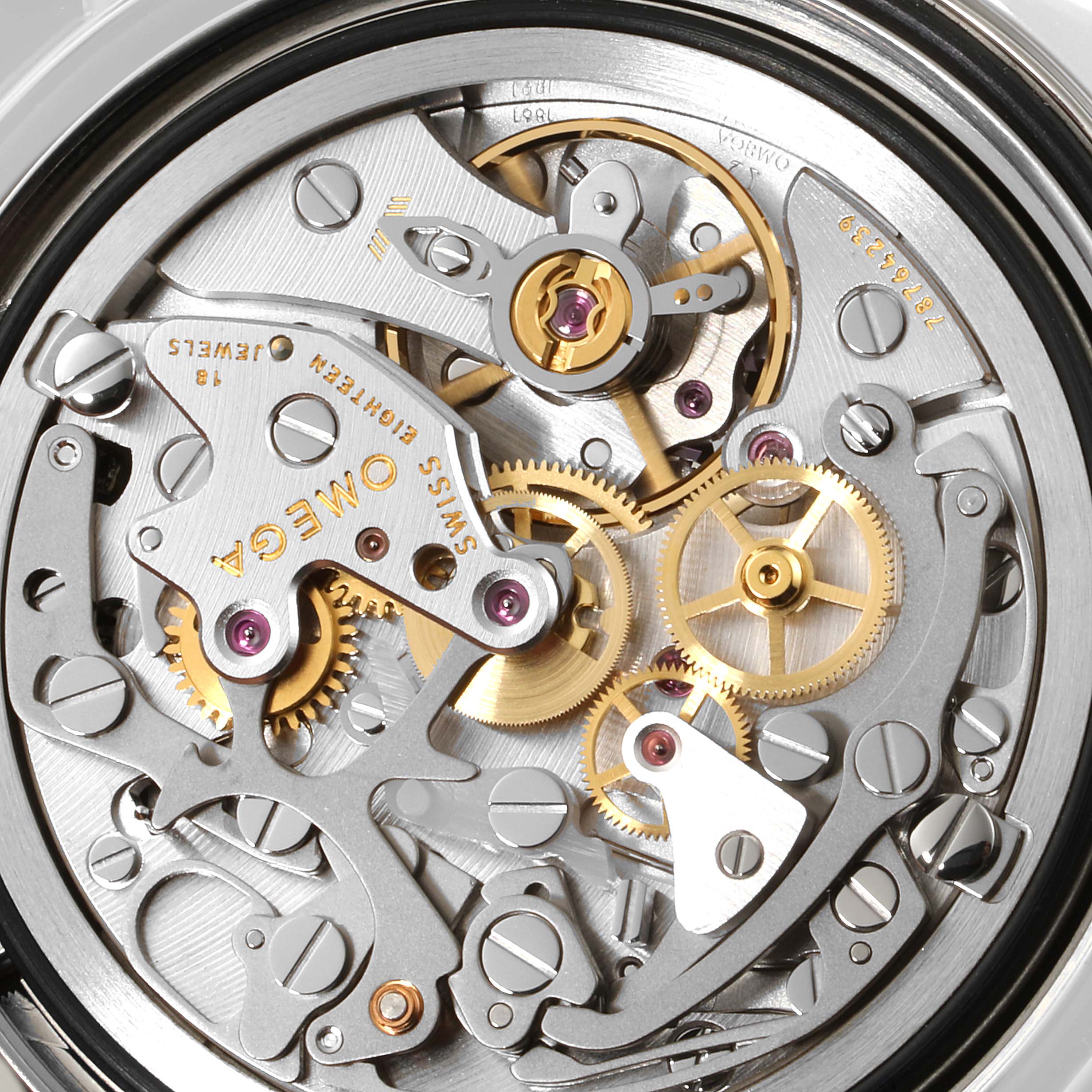 This image shows the intricate internal mechanics of the Omega Speedmaster 311.30.42.30.03.001 Men's Stainless Steel Blue Dial 311.30.42.30.03.001 Men's Stainless Steel Blue Dial watch from a close-up, rear angle.