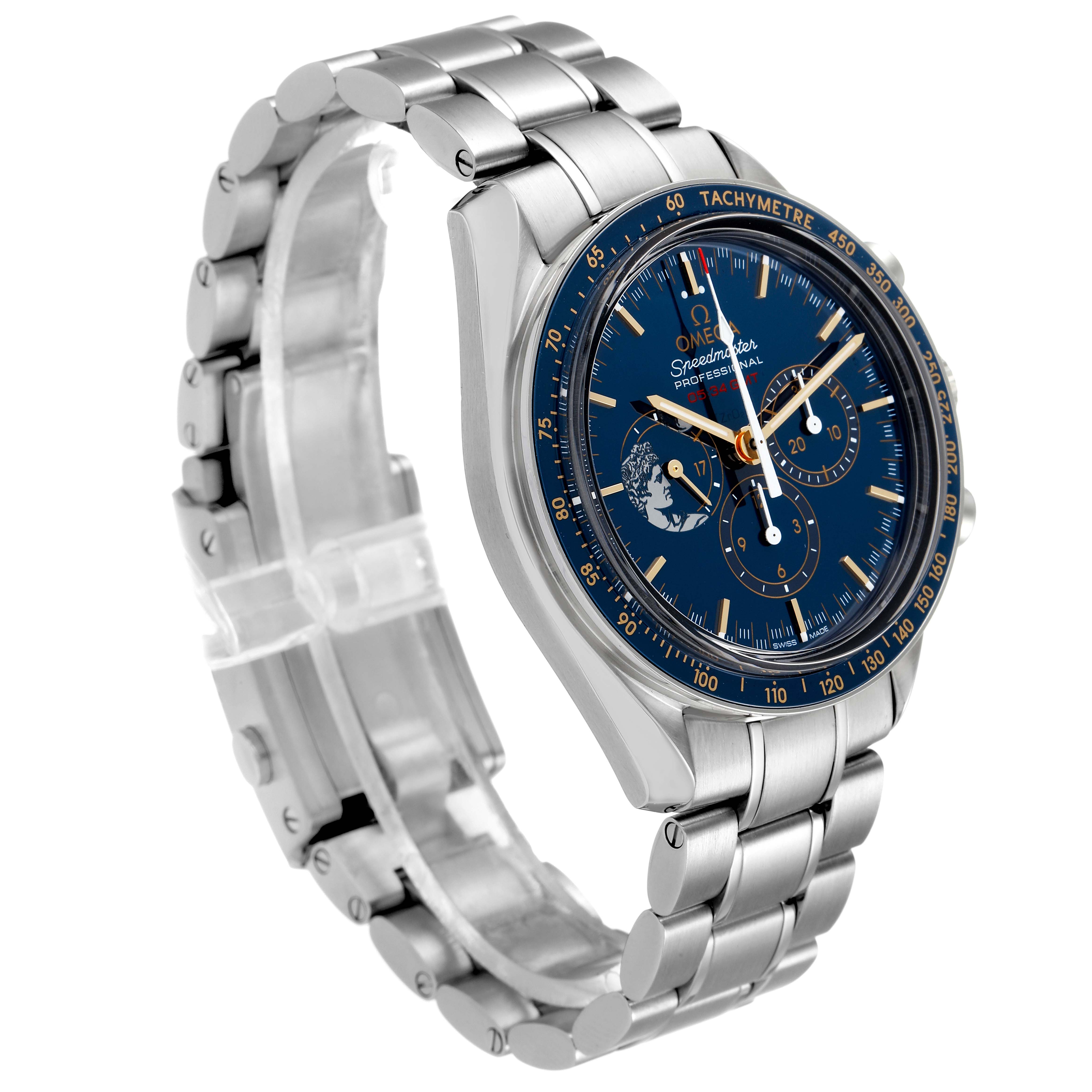 The image shows an Omega Speedmaster 311.30.42.30.03.001 Men's Stainless Steel Blue Dial 311.30.42.30.03.001 Men's Stainless Steel Blue Dial watch at a three-quarter angle featuring its face, bezel, and bracelet.