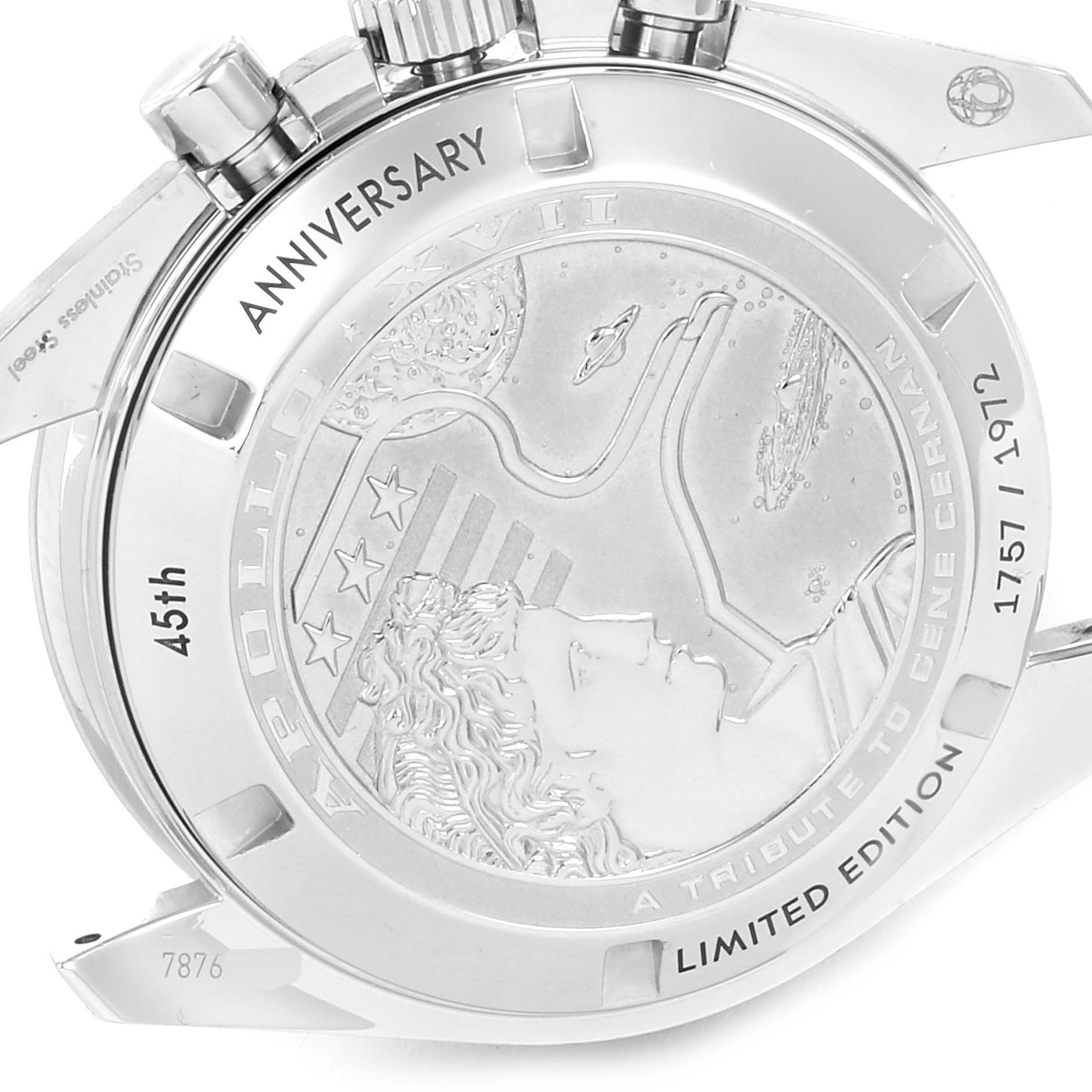 The image shows the engraved case back of an Omega Speedmaster 311.30.42.30.03.001 Men's Stainless Steel Blue Dial 311.30.42.30.03.001 Men's Stainless Steel Blue Dial watch, commemorating the Apollo missions and the 45th anniversary.