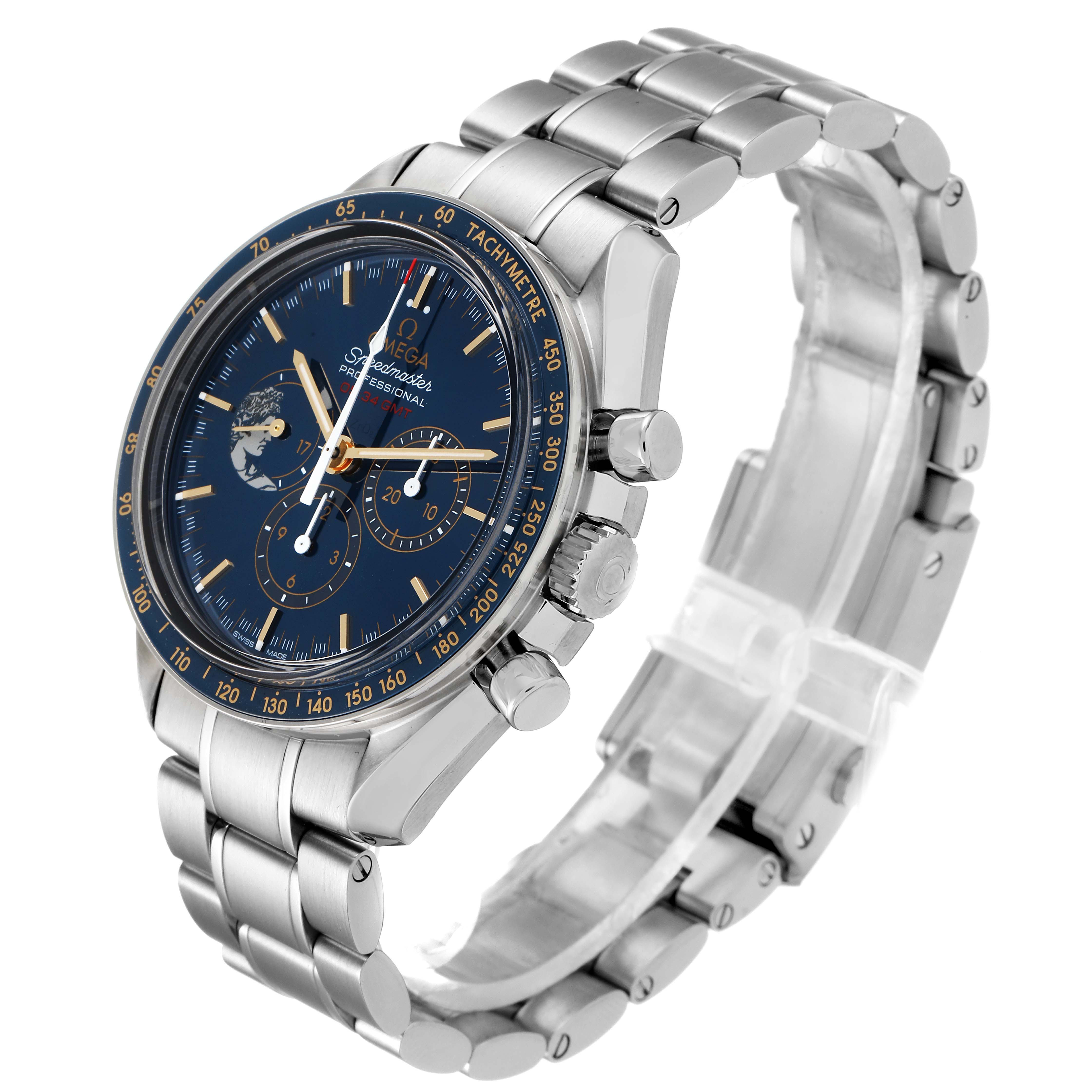 This image shows an Omega Speedmaster 311.30.42.30.03.001 Men's Stainless Steel Blue Dial 311.30.42.30.03.001 Men's Stainless Steel Blue Dial watch at an angle highlighting the face, tachymeter bezel, crown, pushers, and stainless steel bracelet.