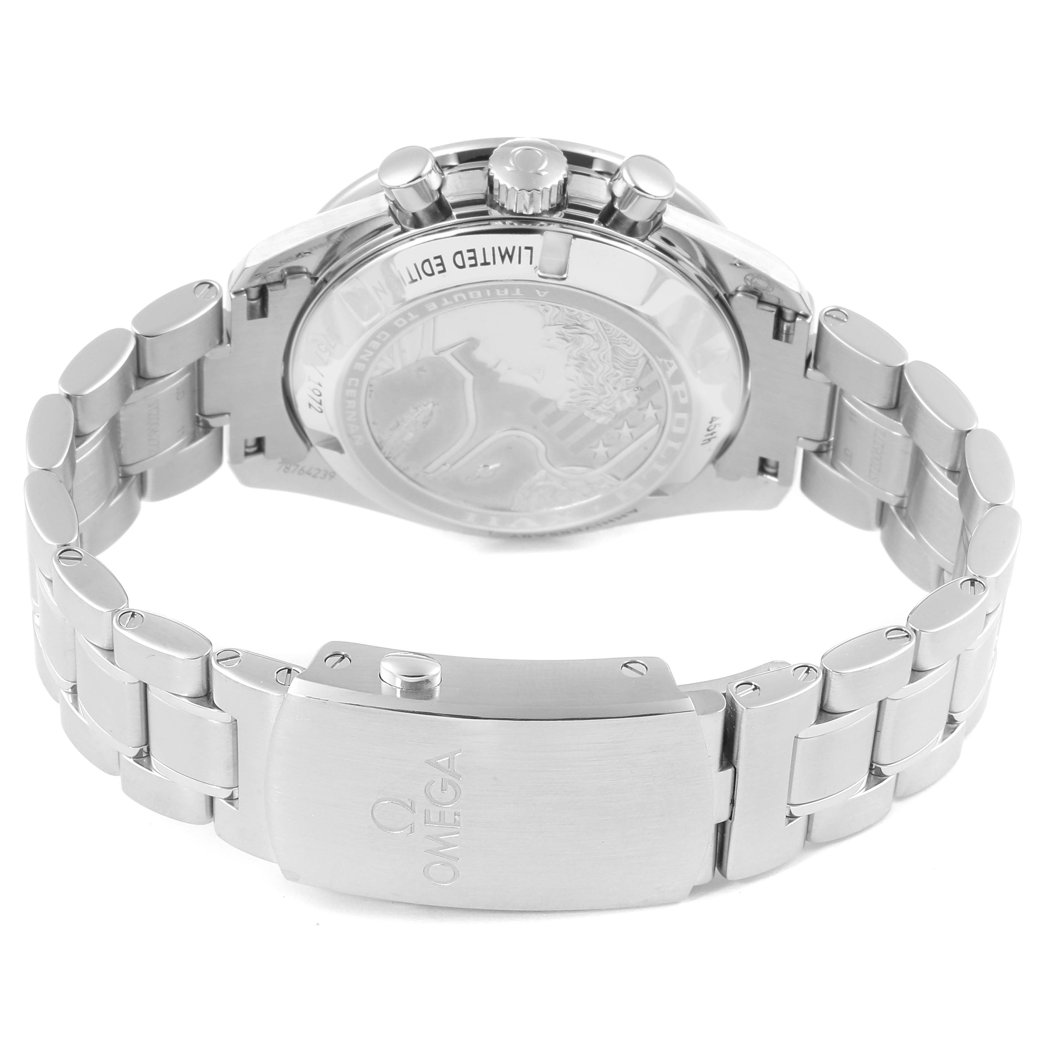 The image shows the back view of an Omega Speedmaster 311.30.42.30.03.001 Men's Stainless Steel Blue Dial 311.30.42.30.03.001 Men's Stainless Steel Blue Dial, highlighting its case back, clasp, and bracelet.