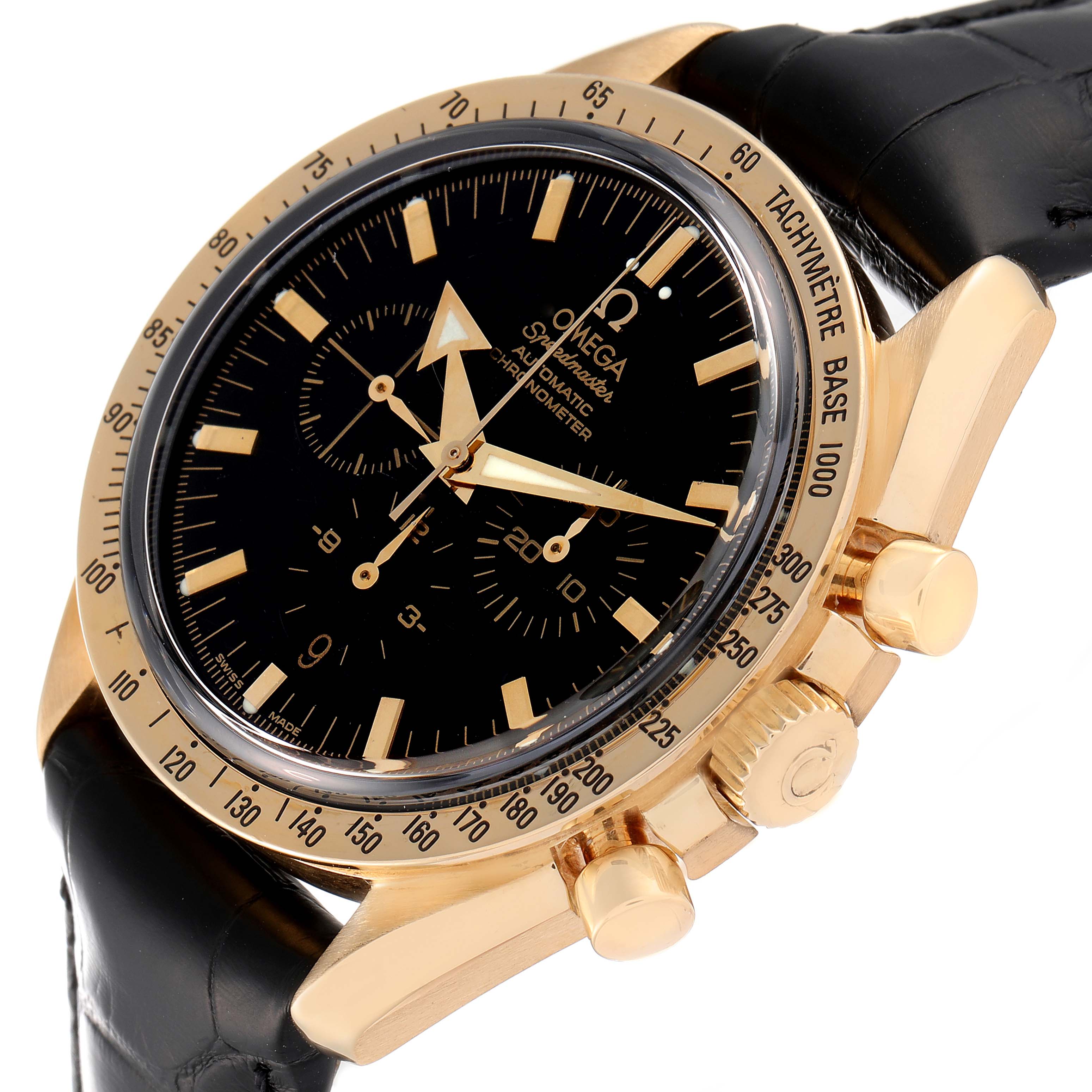 The image shows an angled view of the Omega Speedmaster 3651.50.31 Men's Yellow Gold Black Dial 3651.50.31 Men's Yellow Gold Black Dial, highlighting the dial, tachymeter bezel, crown, and pushers.