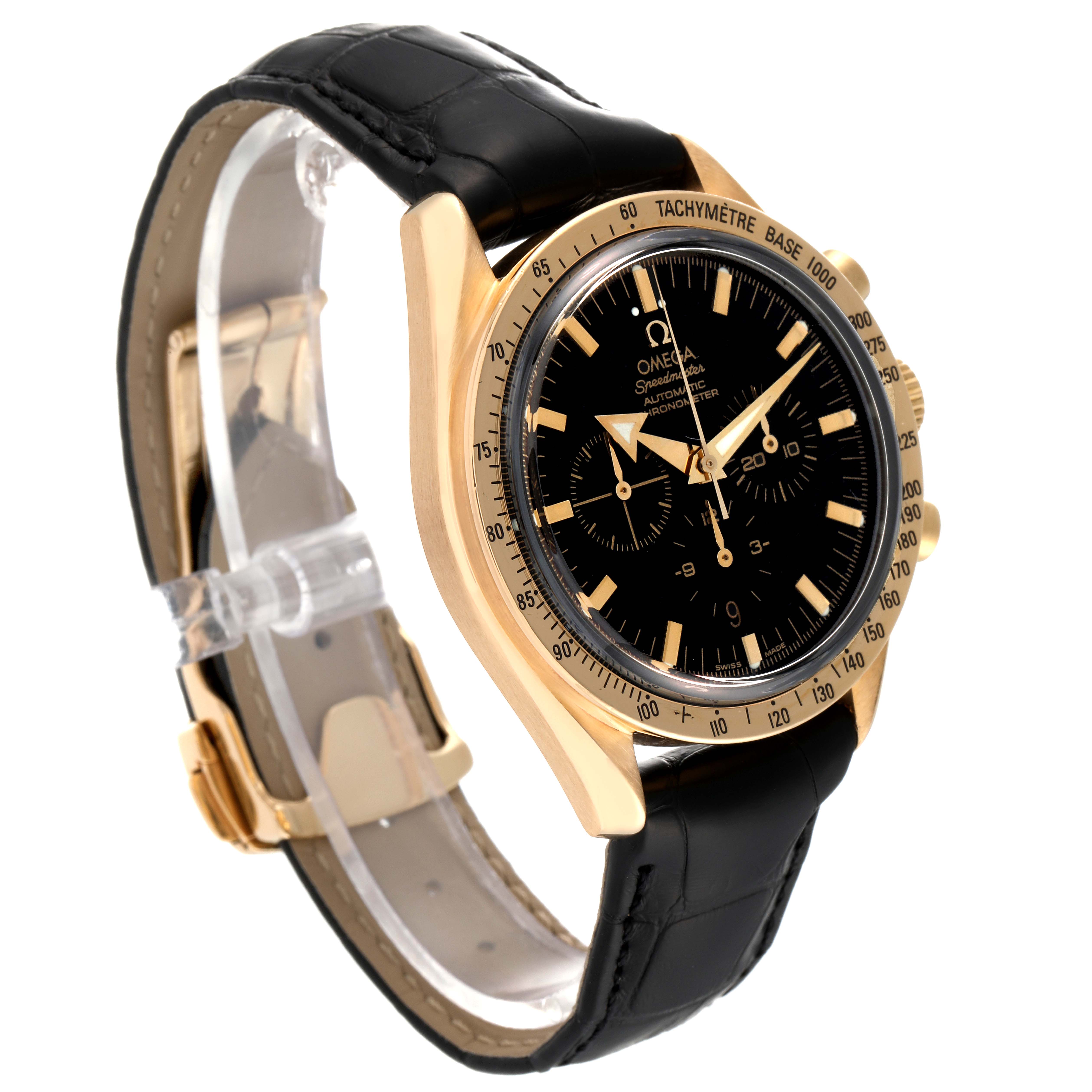 The Omega Speedmaster 3651.50.31 Men's Yellow Gold Black Dial 3651.50.31 Men's Yellow Gold Black Dial watch is shown at a slight angle, highlighting its black dial, gold case, and black leather strap.