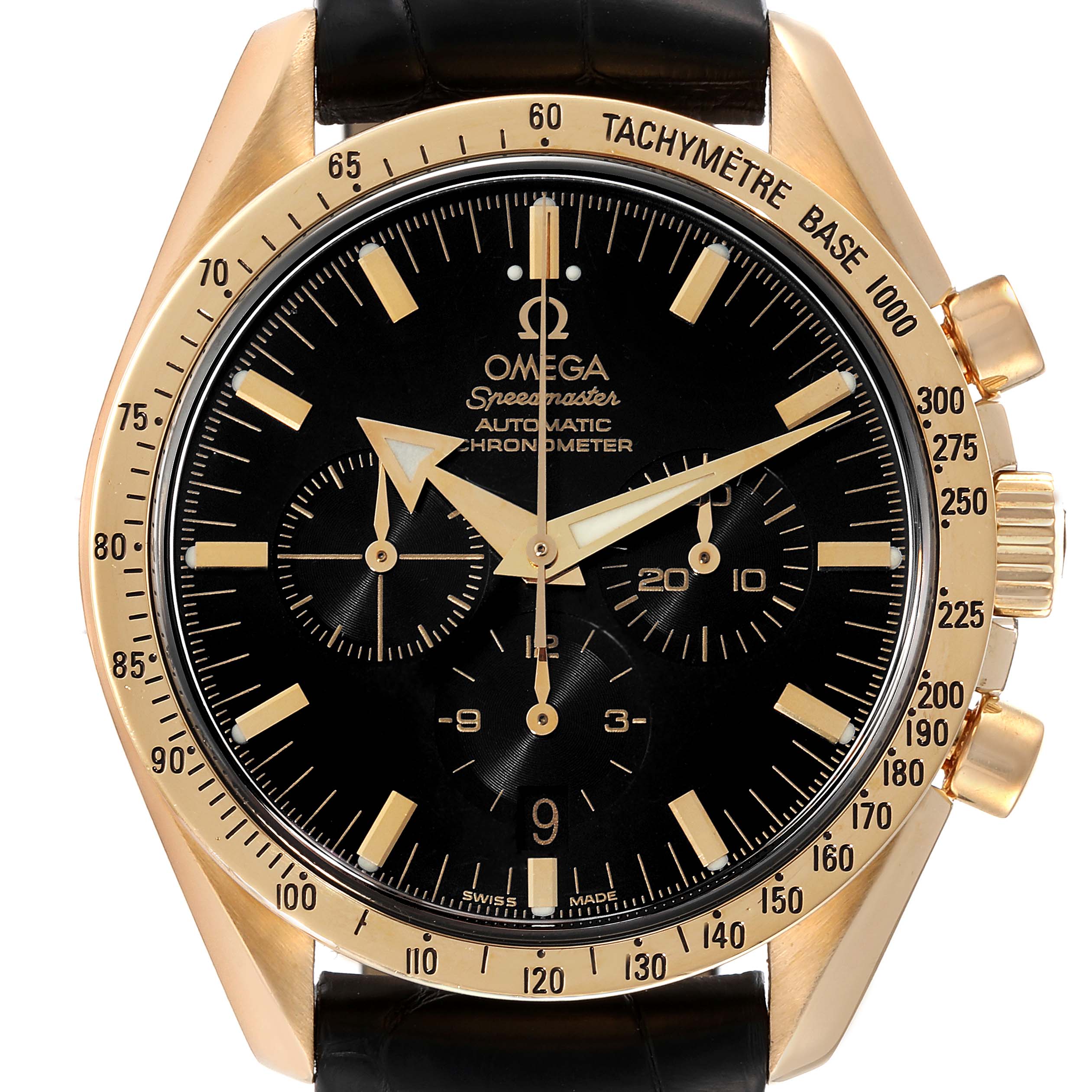 This image shows the front view of the Omega Speedmaster 3651.50.31 Men's Yellow Gold Black Dial 3651.50.31 Men's Yellow Gold Black Dial watch, highlighting its black dial, gold bezel, and leather strap.