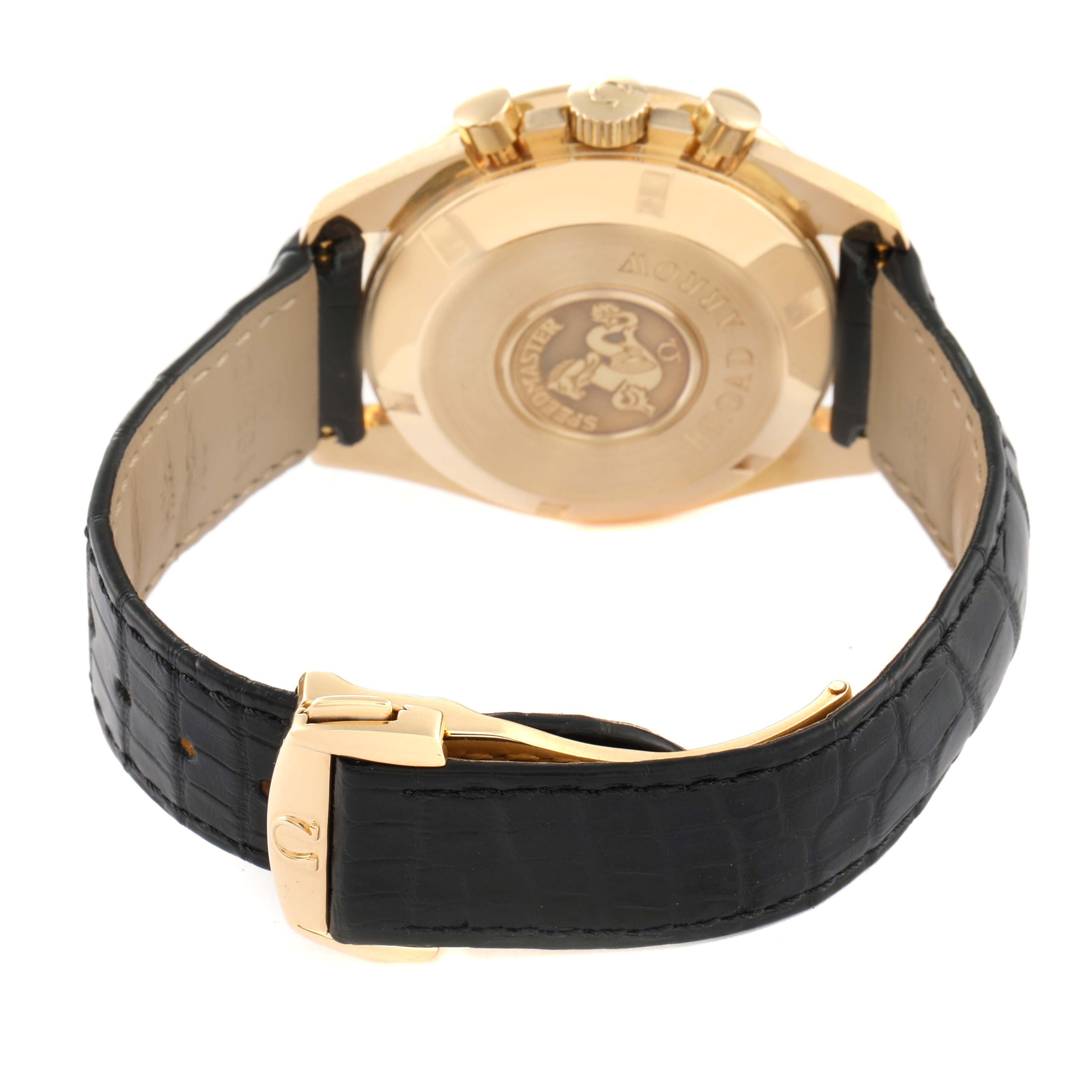 This Omega Speedmaster 3651.50.31 Men's Yellow Gold Black Dial 3651.50.31 Men's Yellow Gold Black Dial watch is shown from the rear, focusing on its case back, crown, and black leather strap with a gold clasp.
