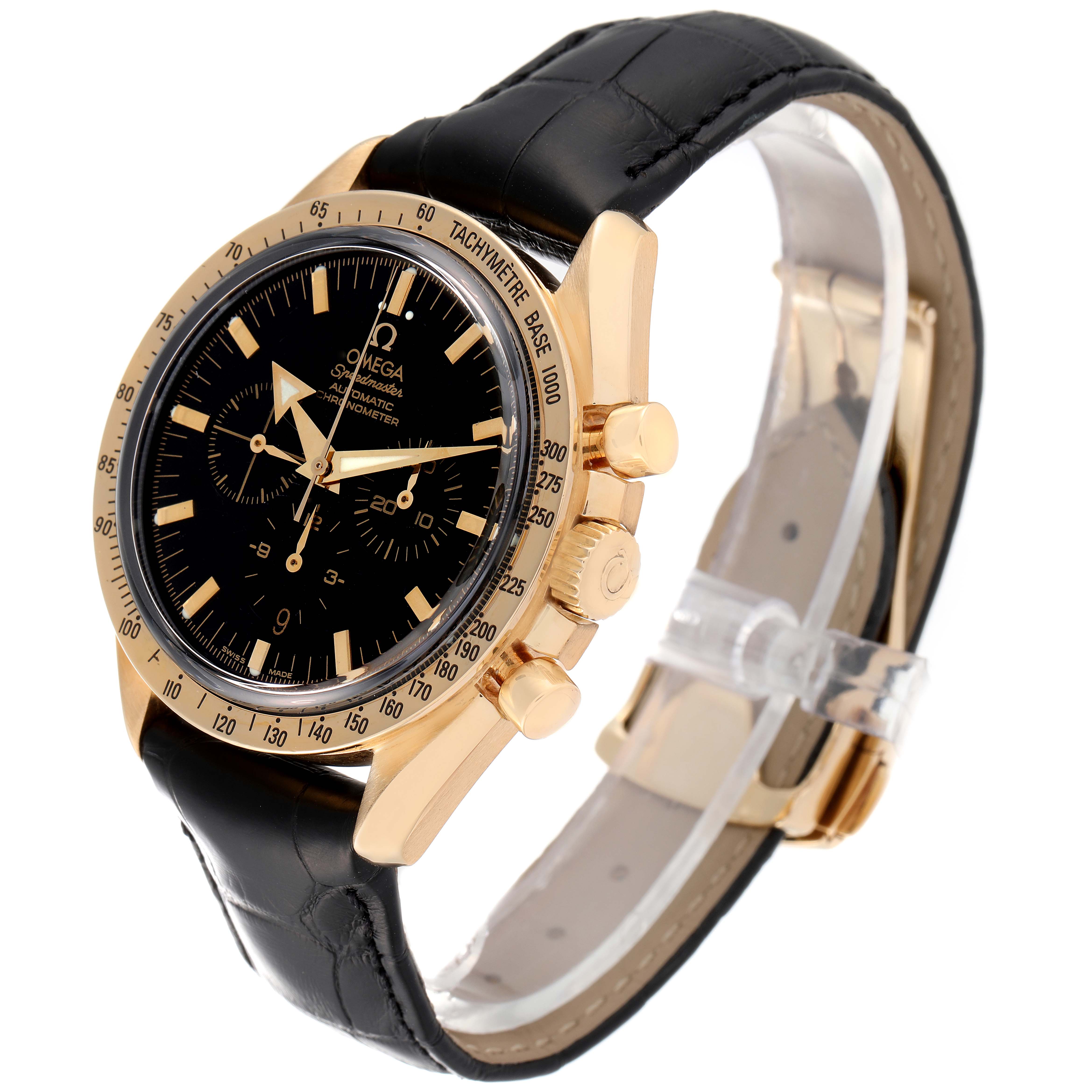 This image shows an Omega Speedmaster 3651.50.31 Men's Yellow Gold Black Dial 3651.50.31 Men's Yellow Gold Black Dial watch at a front-side angle, highlighting its black leather strap, gold case, and tachymeter bezel.