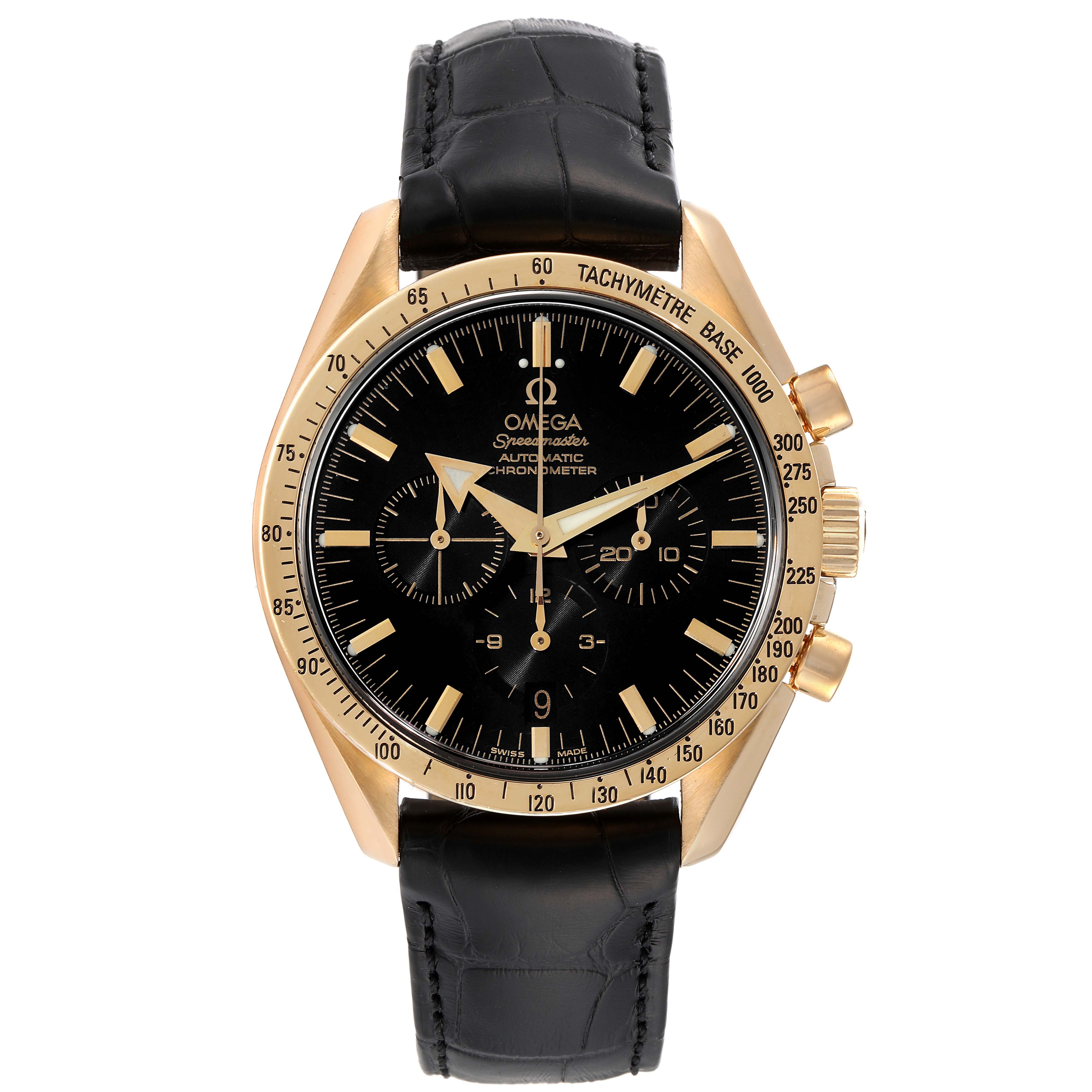 The image shows a frontal view of an Omega Speedmaster 3651.50.31 Men's Yellow Gold Black Dial 3651.50.31 Men's Yellow Gold Black Dial watch with a black leather strap and a gold bezel.